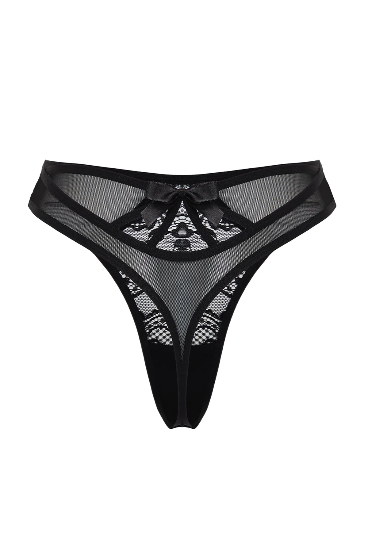 Trendyol Collection  Schwarzer Tanga mit Spitzentüll und Schleife THMSS24KU00037