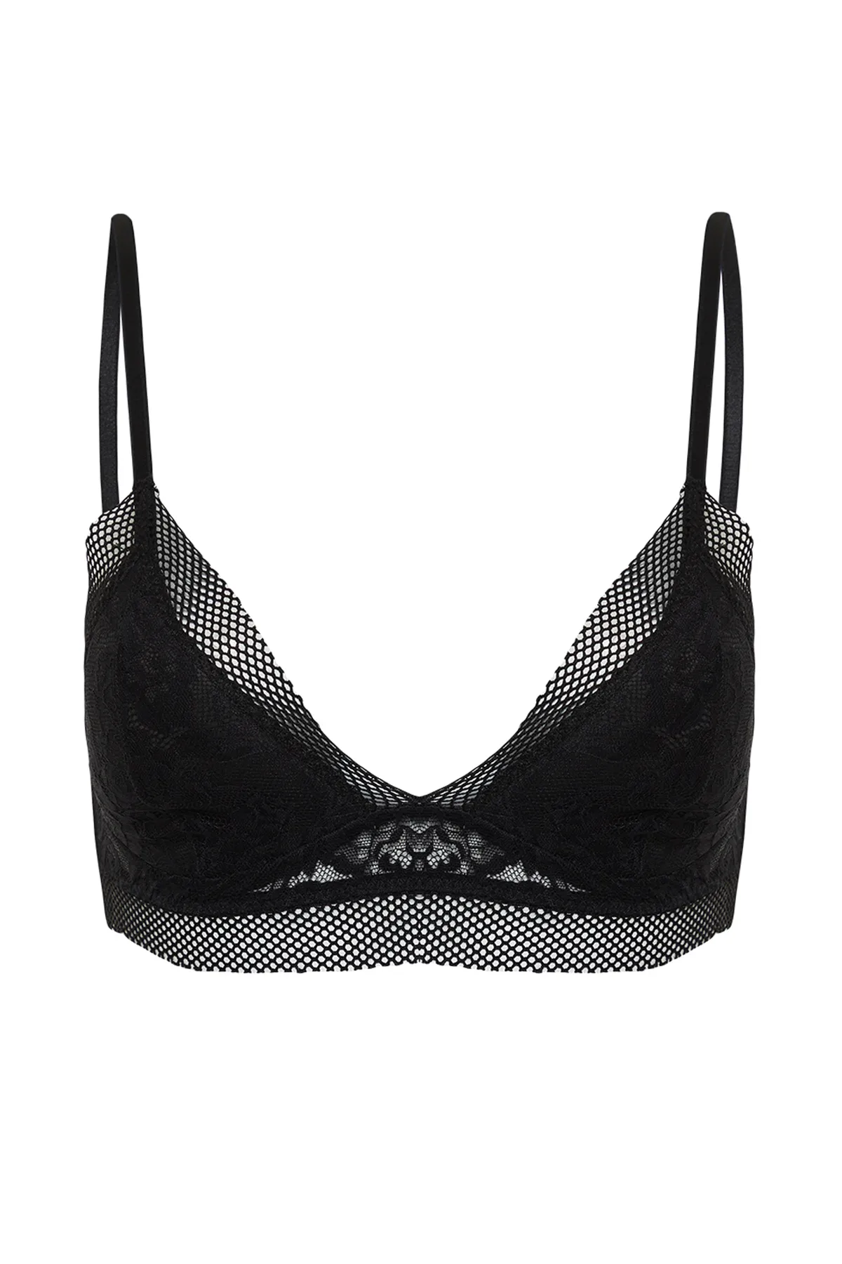 Trendyol Collection  Schwarzer, tief ausgeschnittener Bustier-BH aus Strick mit Spitzennetzdetail und Seilträgern THMSS24SU00046