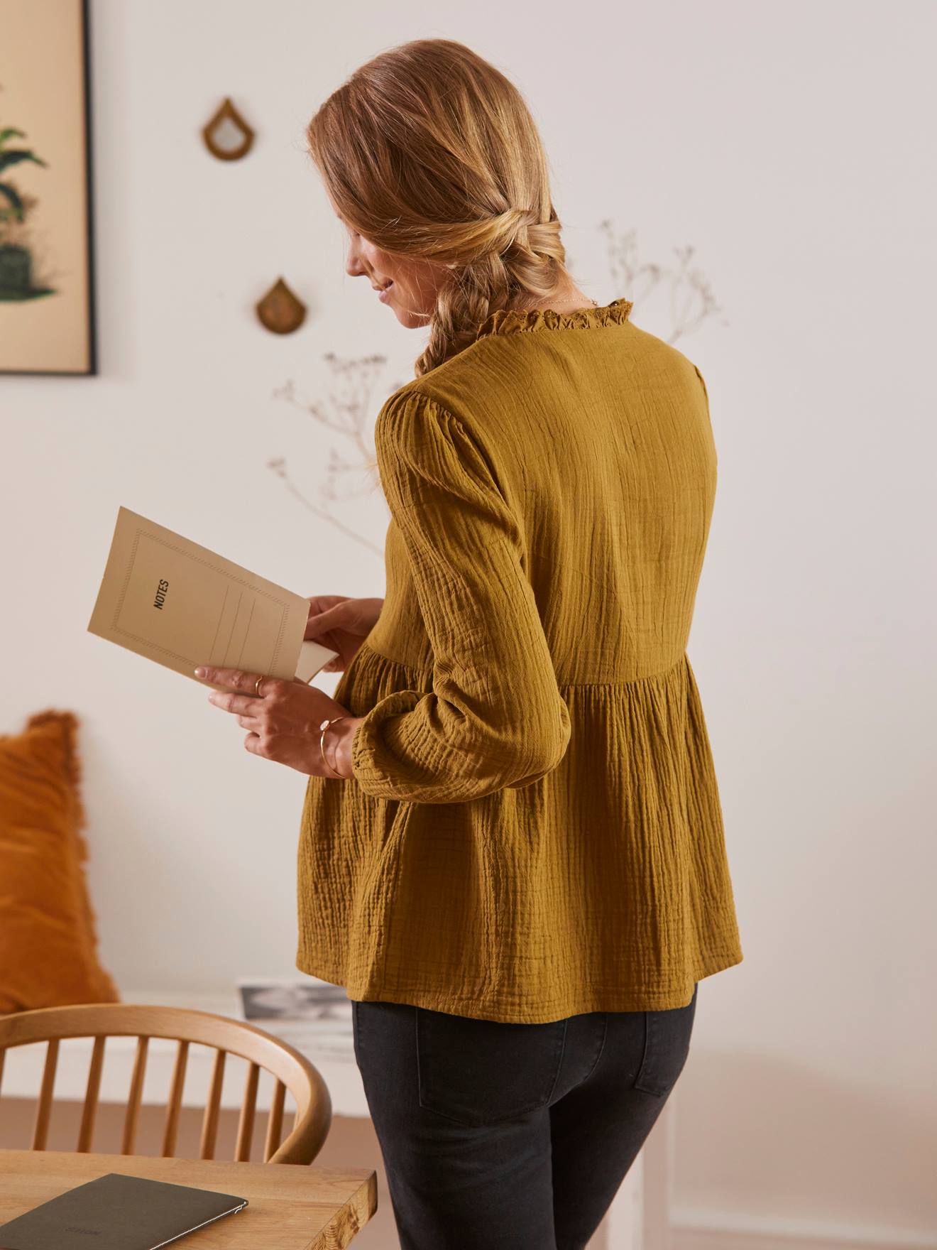 Blouse gaze de coton de grossesse et d'allaitement kaki