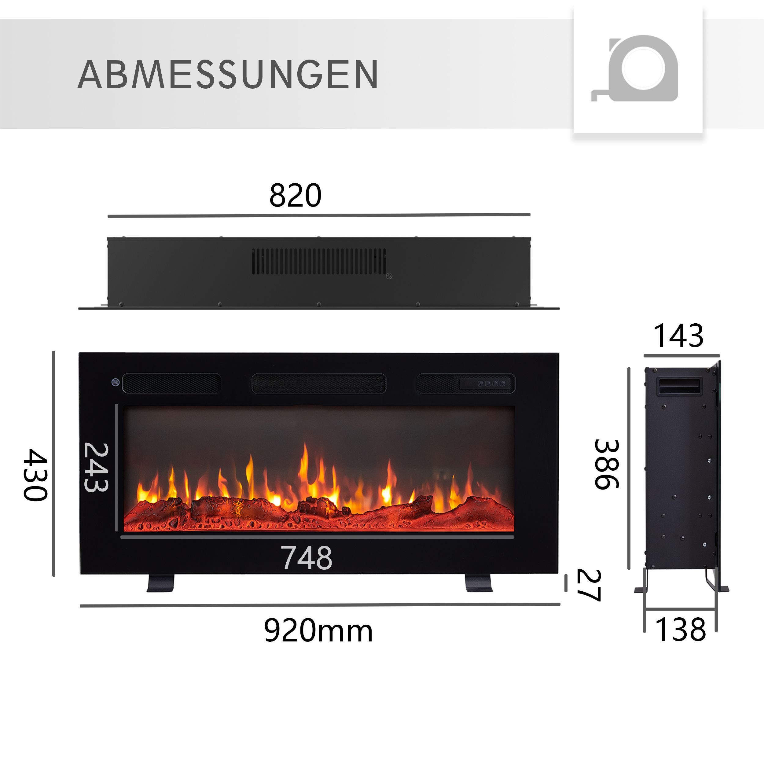Balderia Elektrokamin Leif, 3 in 1 Stand-, Wand- oder Einbaukamin mit Heizung 1800W, realistischer 3D-Flammeneffekt, Fernbedienung, Timer, Thermostat