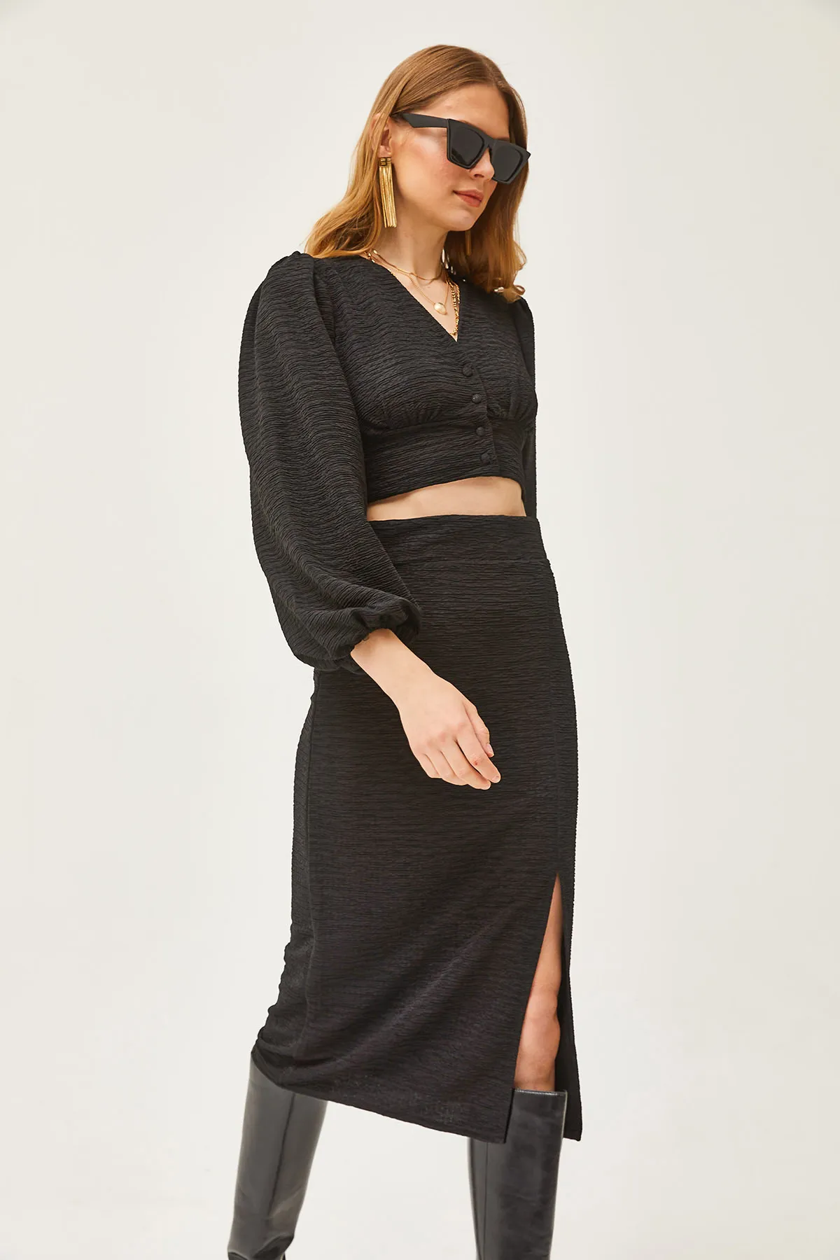 Olalook  Schwarzes Strickset mit Schlitzrock für Damen TKM-19000255