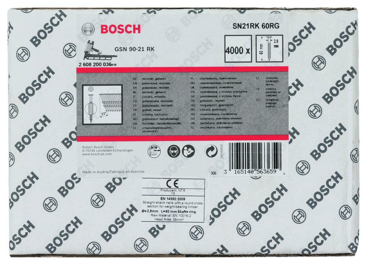 Bosch Blue Accessories 2608200036 SN21RK 60RG Strip Nail 21° Galvanized Ring 60 mm 4000 pieces