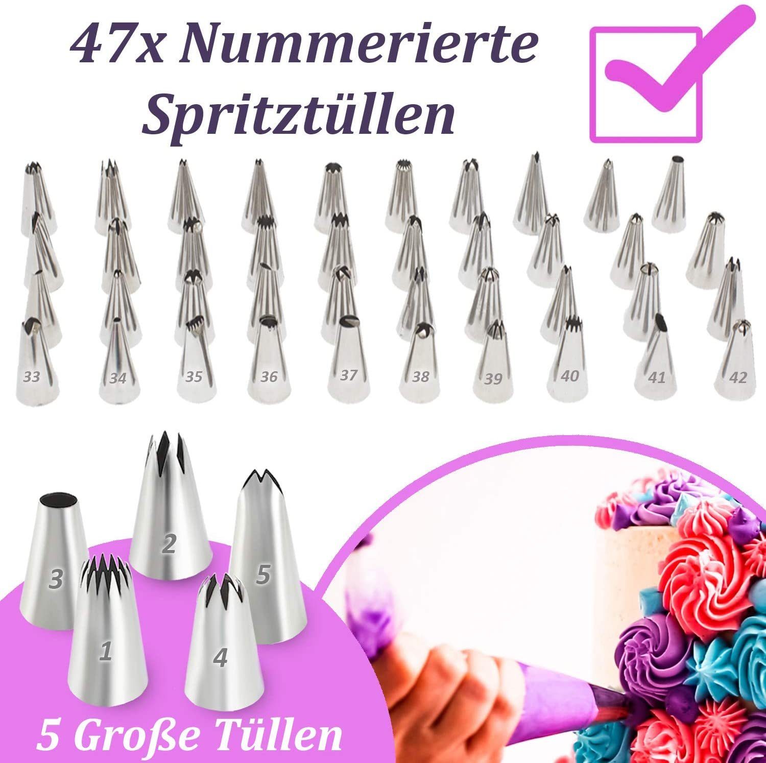Homtrix Spritzbeutel (XXL, 72-tlg., Tortendeko Backset) 2x Silikonbeutel 47 Nummerierte Tüllen Cupcake Förmchen
