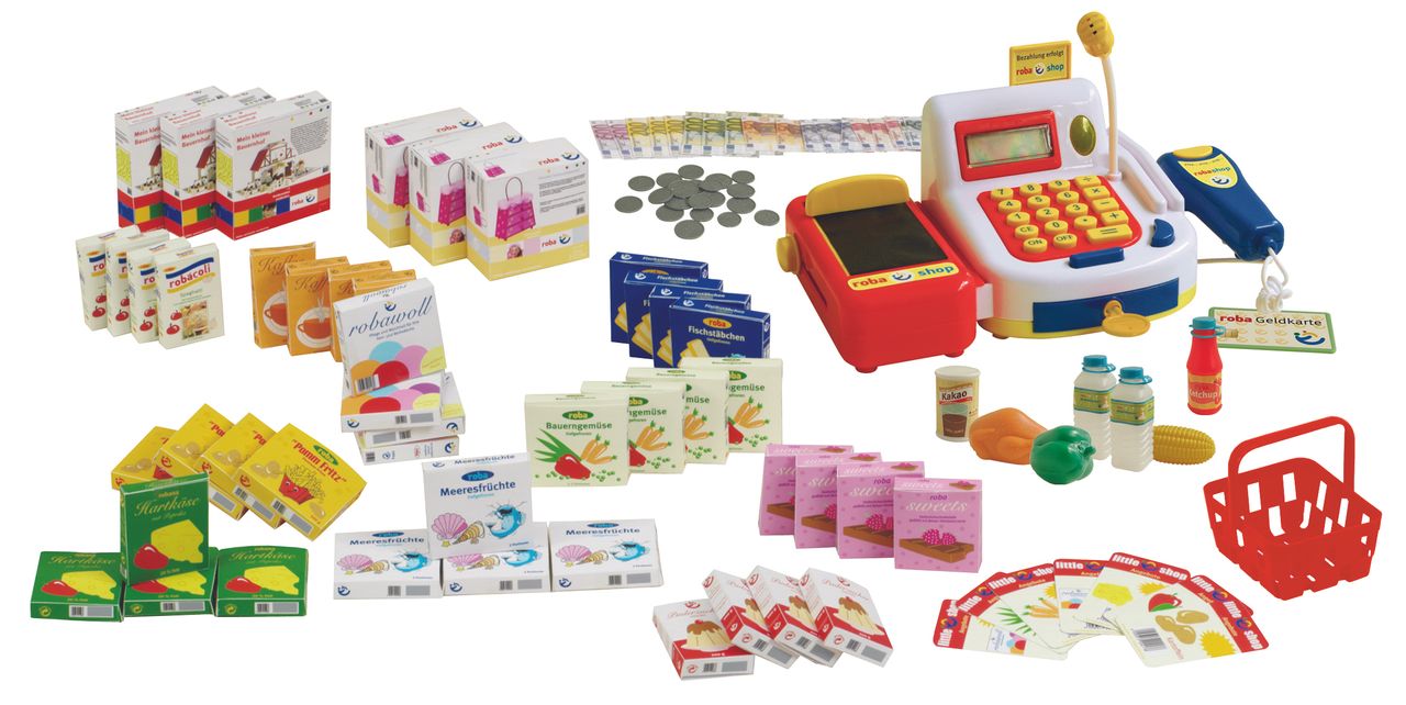 Roba Kaufladenzubehör, Kasse, Spielgeld, Einkaufskorb, Lebensmittel Set & Angebotsschilder