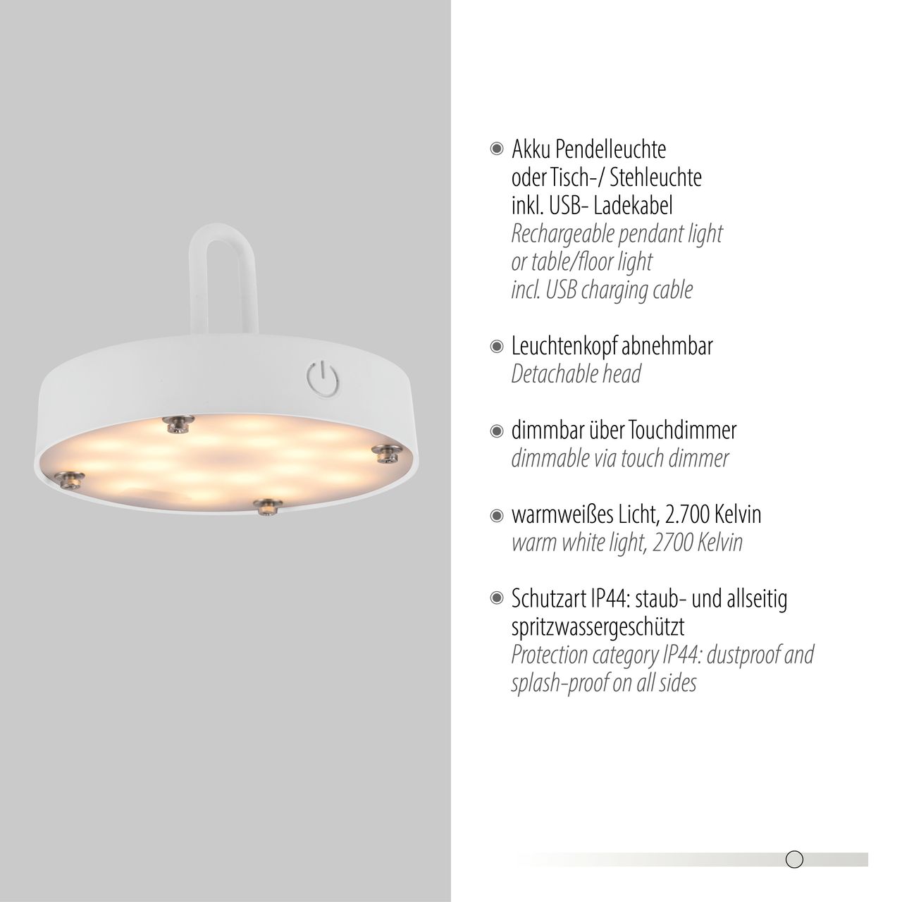 JUST LIGHT Akku Pendelleuchte AKUBA, 1x LED-Board/1,50Watt/2700Kelvin, IP44, Weiss