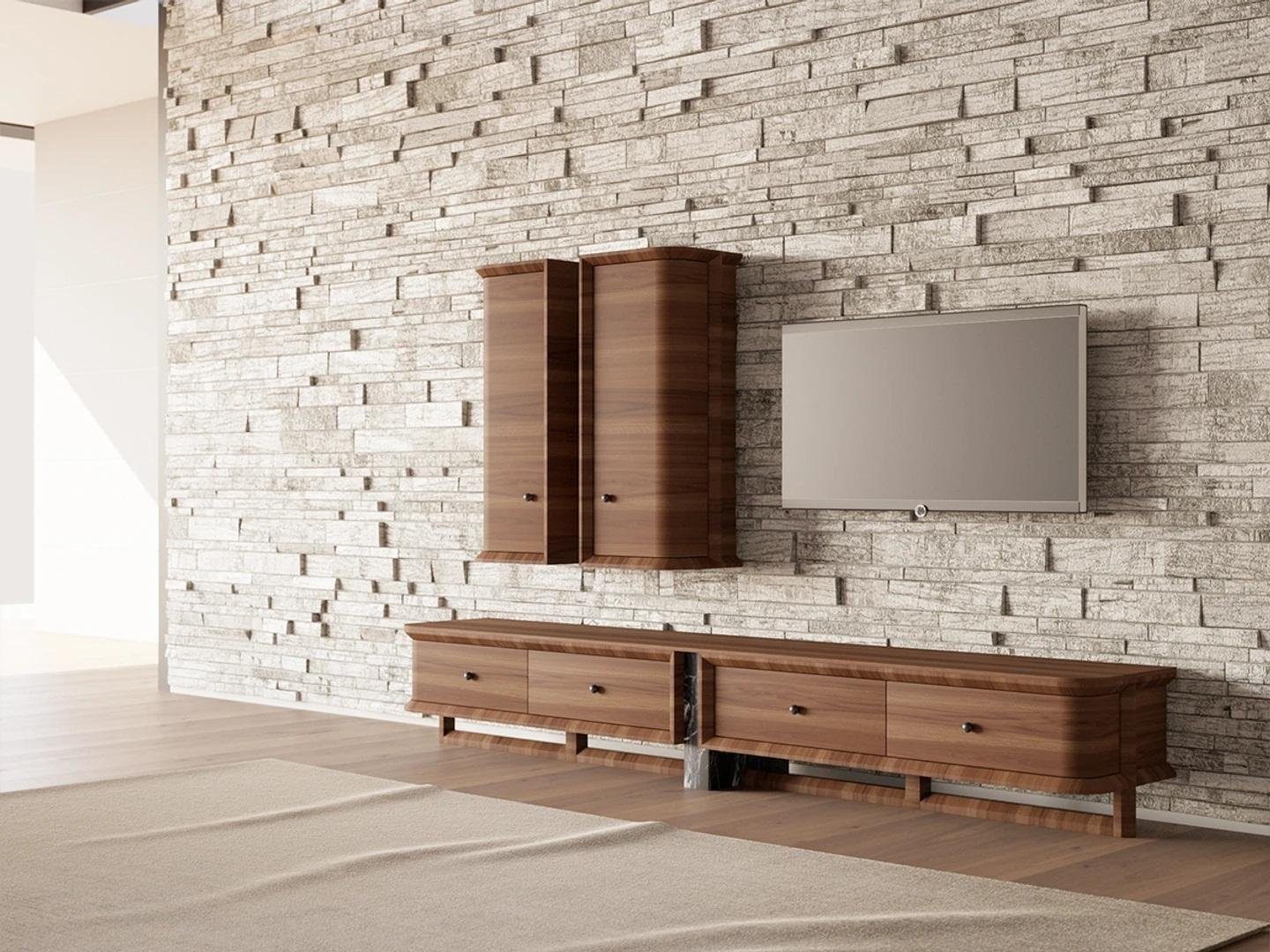 JVmoebel Wohnwand Komplett Wohnwand Wohnzimmer TV-Ständer 2x Wandschrank Holzmöbel, (3-St., 1x TV-Ständer + 2x Wandschrank ohne Couchtisch), Made in Europa