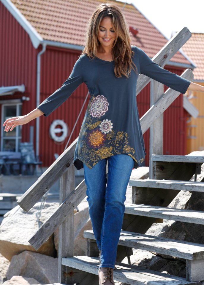 Zipfel-Longshirt mit V-Ausschnitt, 3/4-Arm