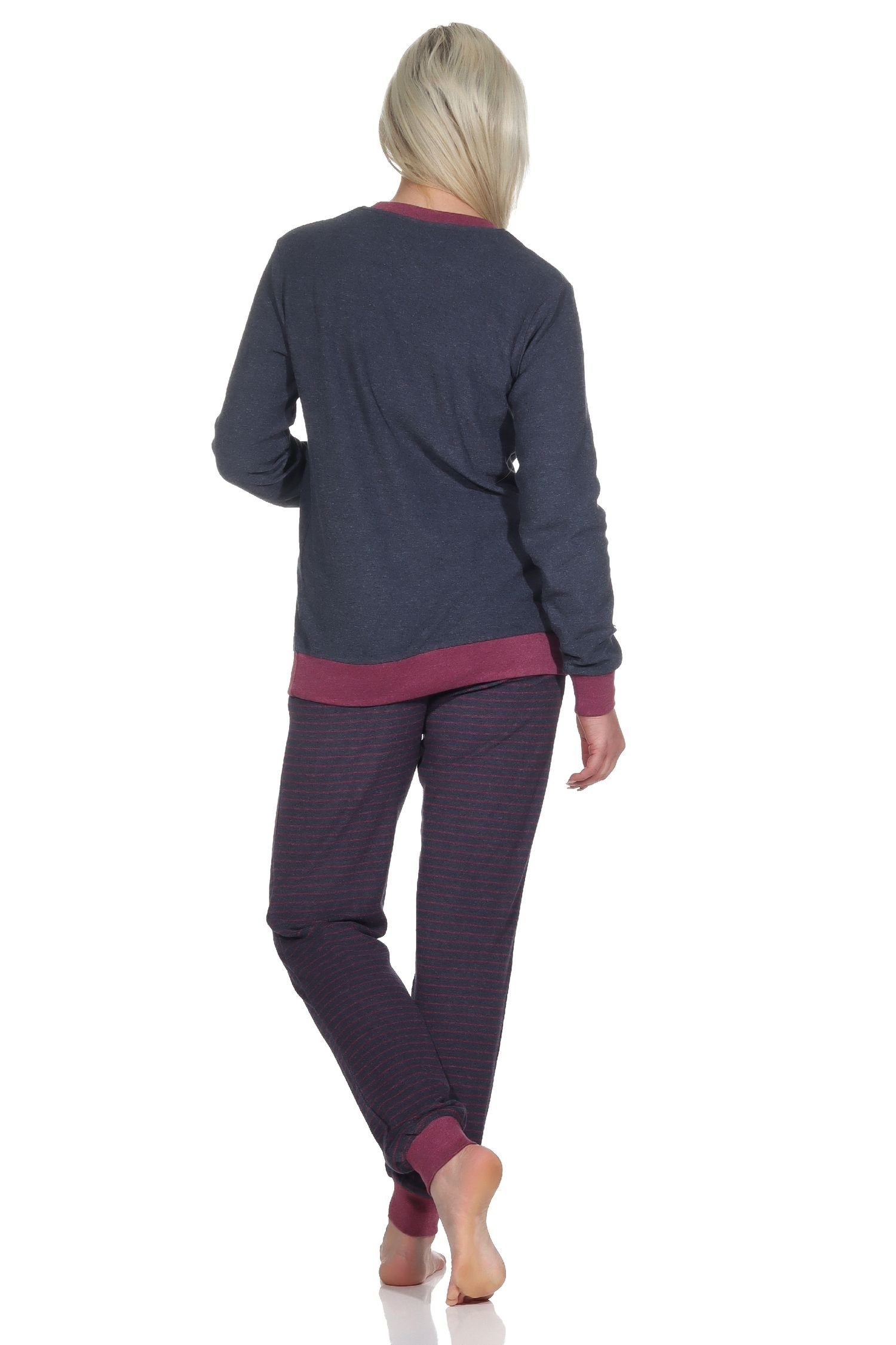 Normann Pyjama Damen Frottee Pyjama mit Bündchenund Stern Motiv Hose gestreift