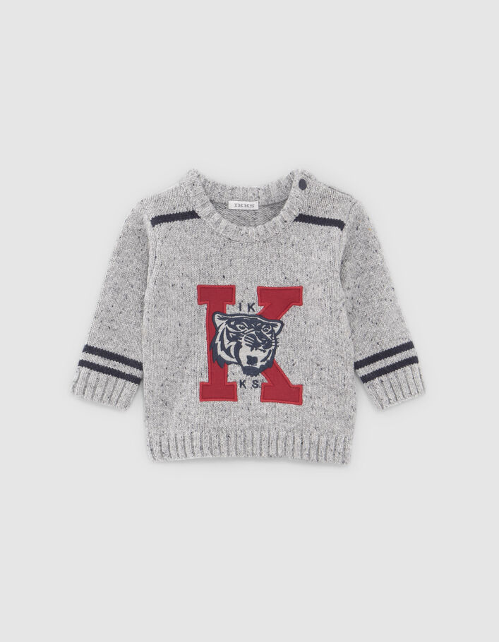 Pull gris chiné tricot avec maxi broderies bébé garçon