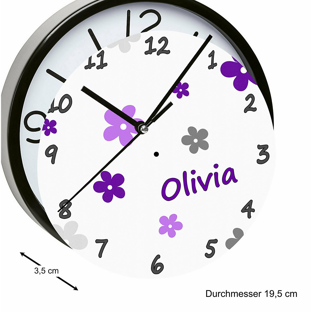Kinder Wanduhr personalisiert mit Name Blumen Lila-Grau