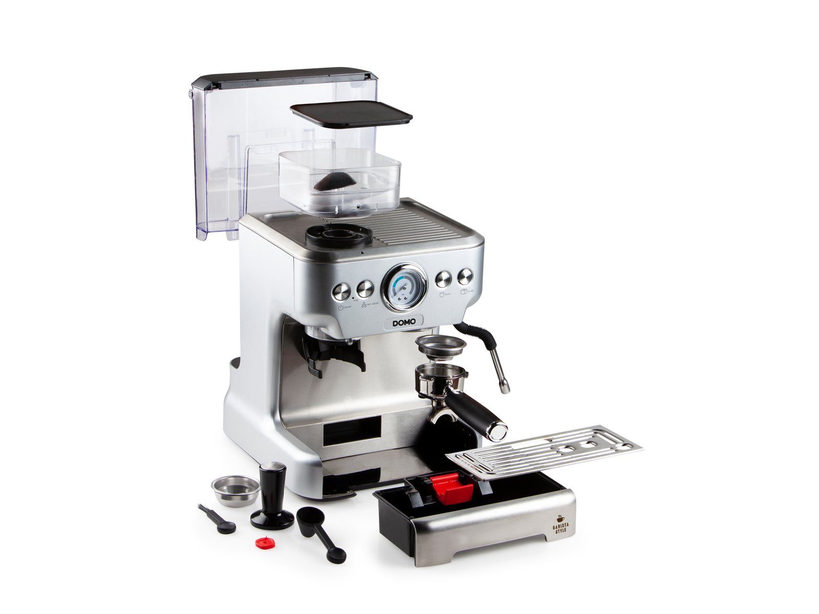 Domo Espressomaschine, Siebträgermaschine mit Mahlwerk Milchschäumer & abnehmbaren Wassertank