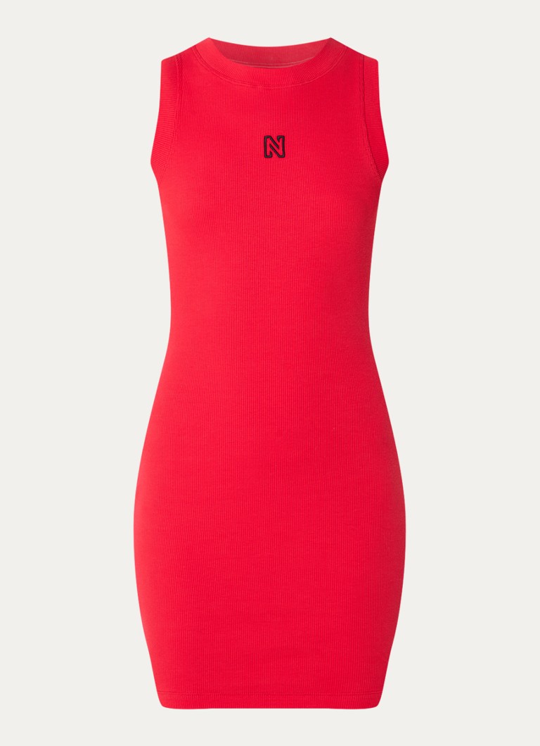 Rochie mini Nikkie Dadley din tricot cu nervuri, spate deschis și logo