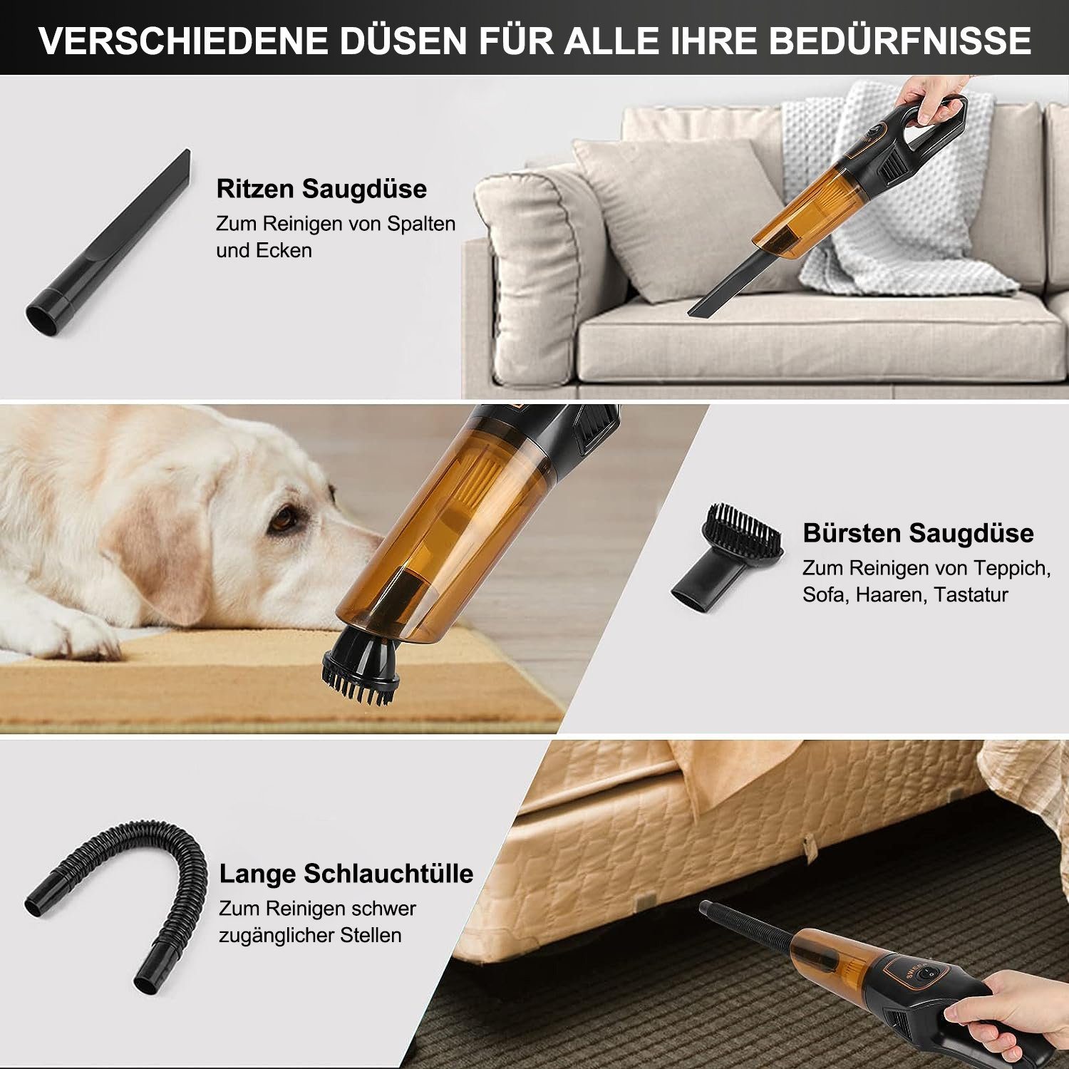 Kpaloft Akku-Handstaubsauger 6000Pa Kabelloser Autostaubsauger, Tragbarer Handsauger, 1500mAh Staubsauger, Nass & Trocken, für Tierhaare, Auto, Haus