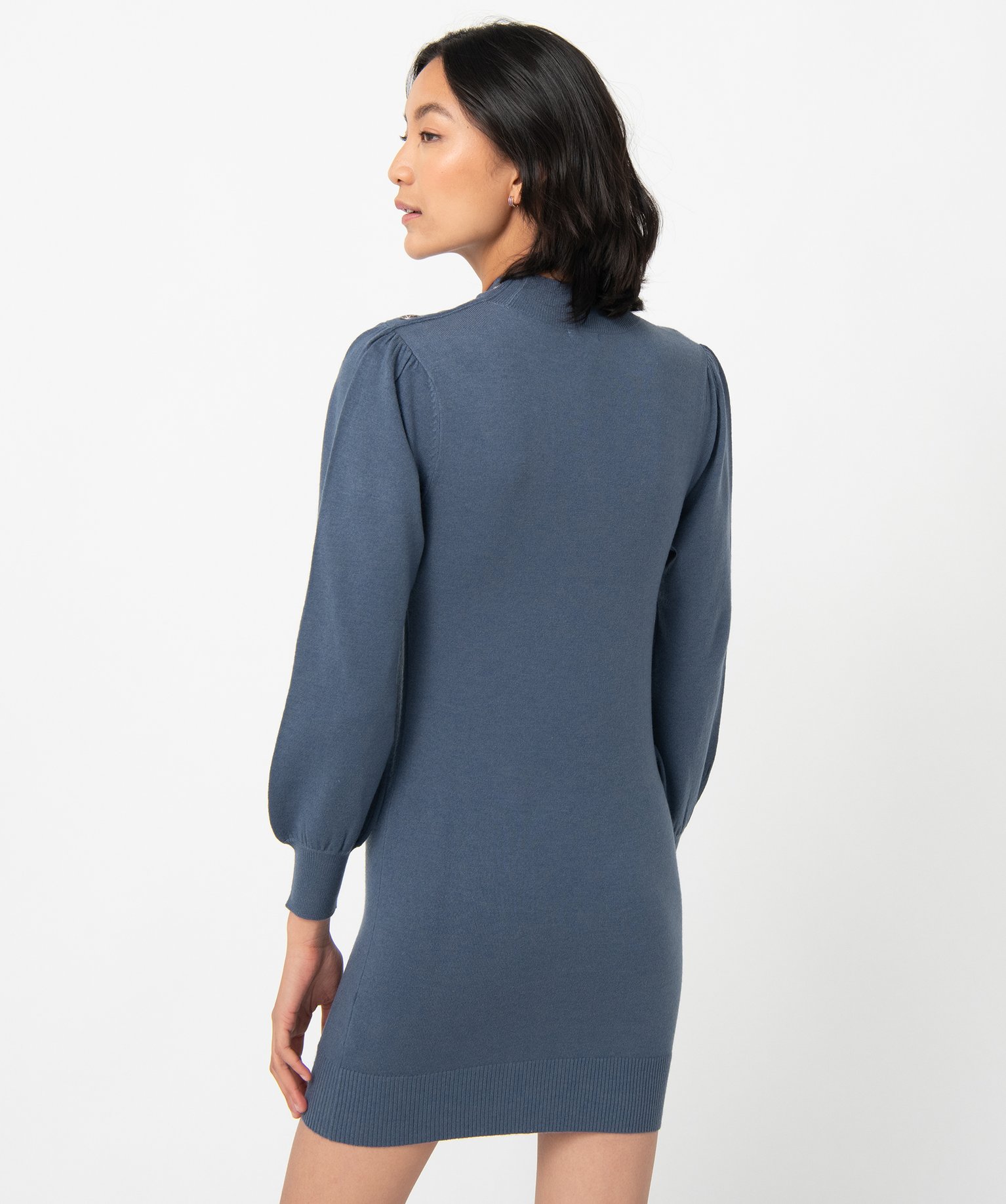 Robe pull femme en maille à manches longues et col montant bleu | GEMO