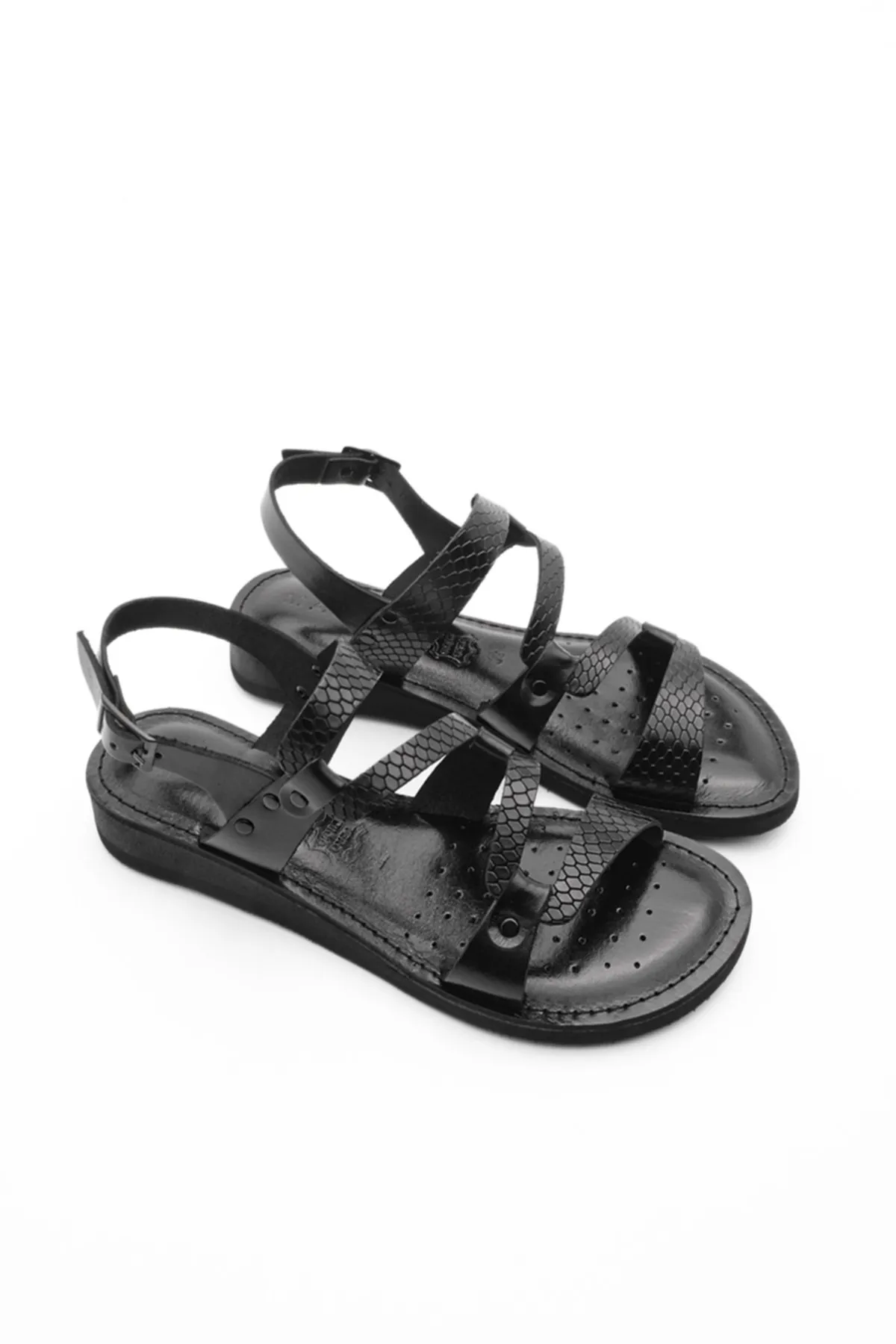 Marjin  Damen Sandalen aus echtem Leder, leichte Eva-Sohle, für den Alltag, Perte Black Snake
