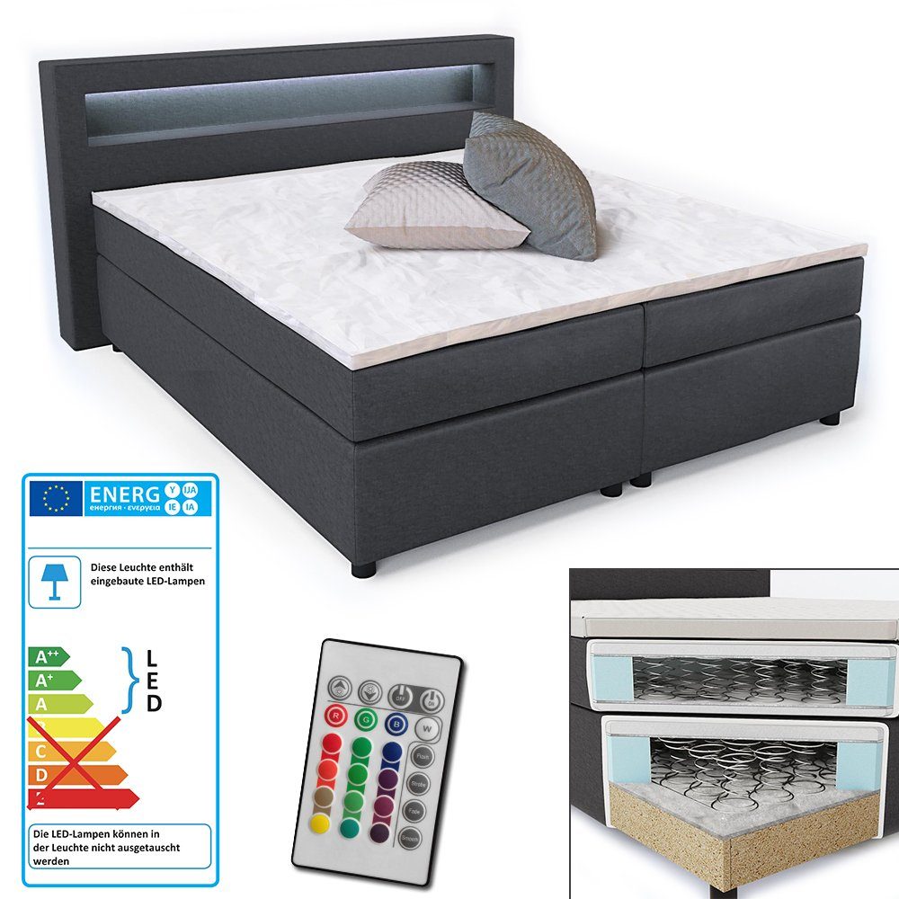 VitaliSpa® Boxspringbett Doppelbett Ehebett 180x200 cm H2 LED-Beleuchtung Anthrazit