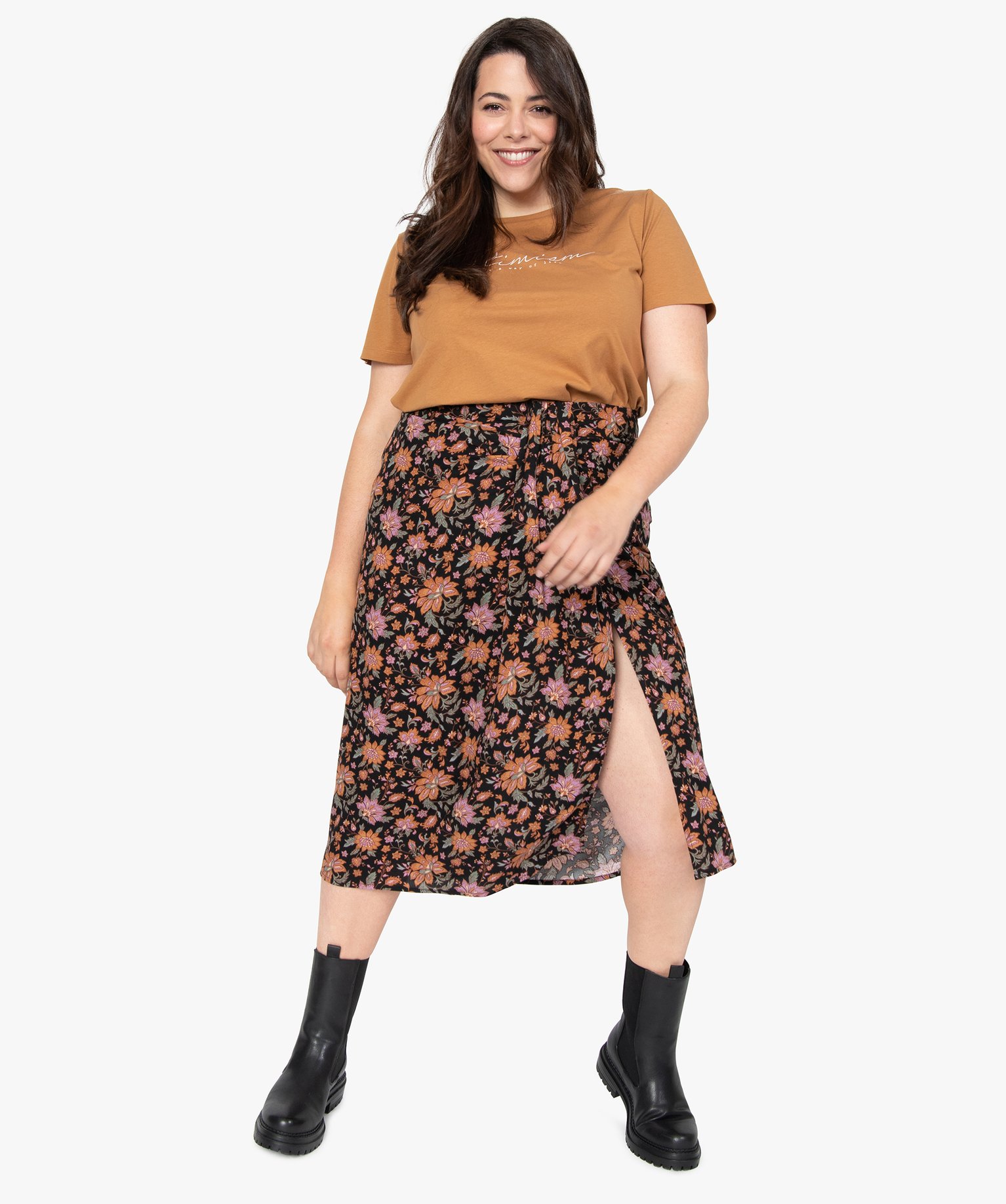 Jupe femme grande taille à motifs fleuris fendue sur l’avant | GEMO