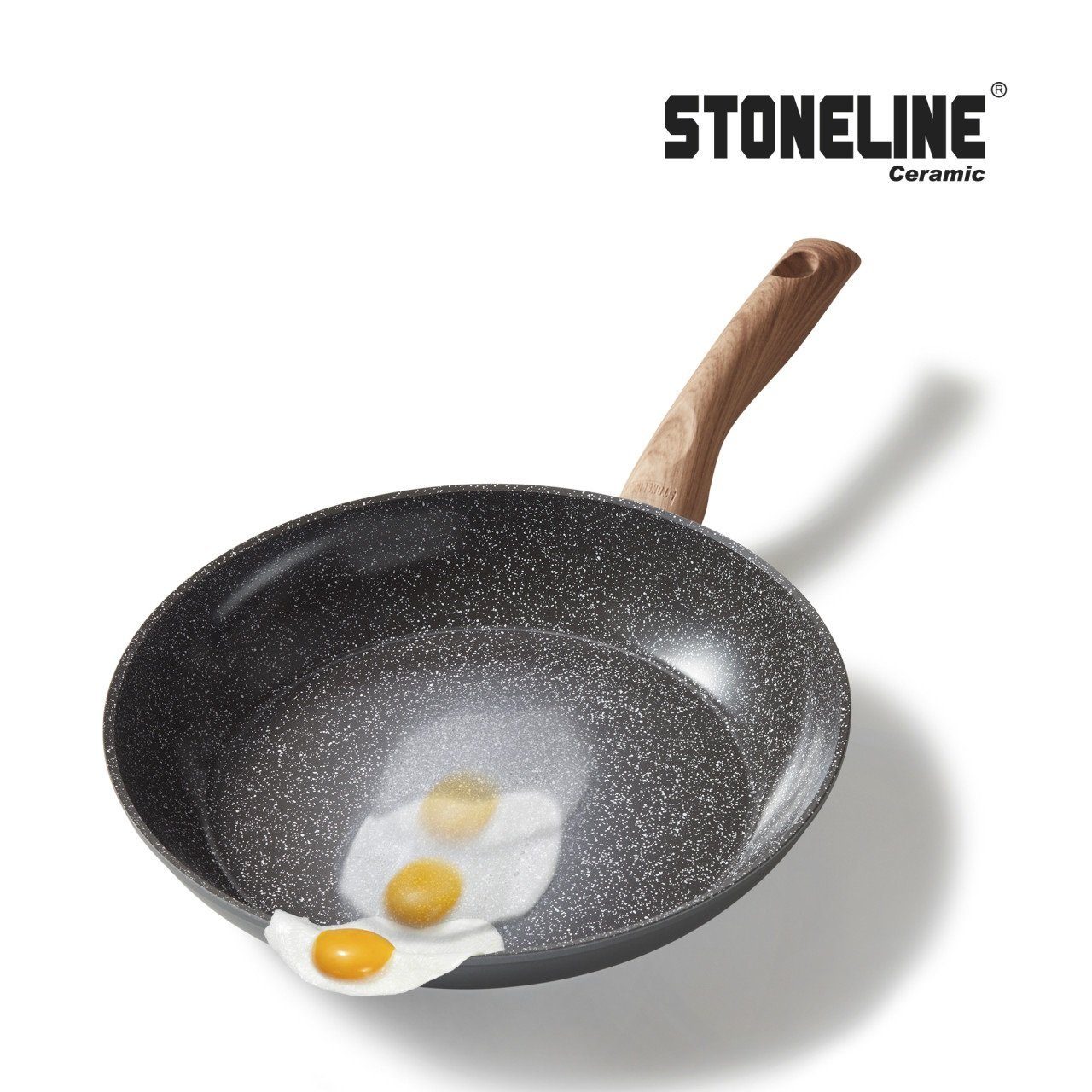 STONELINE Topf-Set Kochgeschirr-Set, 14-teilig, mit Griff in Holzoptik und Glasdeckeln, Aluminium, Keramik (Kochgeschirr-Set, 14-tlg., Kochgeschirr-Set, 3x Kochtopf, 3x Bratpfanne, 3x Glasdeckel, Zubehör), mit echten Steinpartikeln, induktionsgeeigne