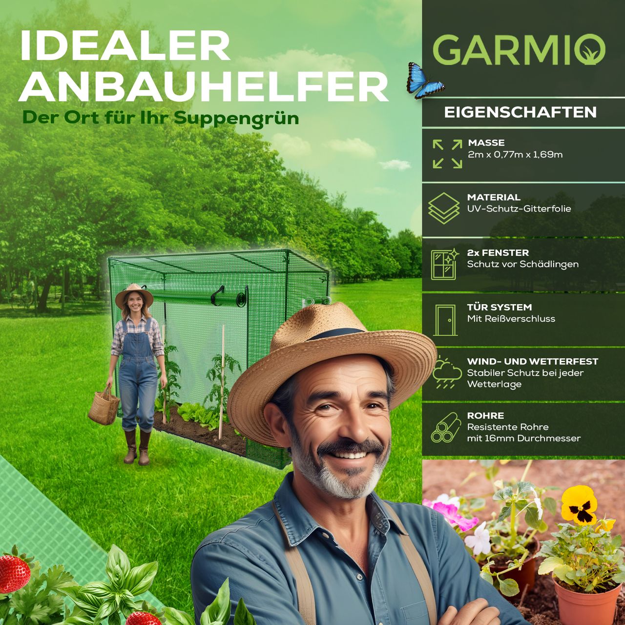TroniTechnik GARMIO® Foliengewächshaus CUTRO, Tomatenzelt, winterfest, 2x0,77x1,69m, Frühbeet, Pflanzenhaus