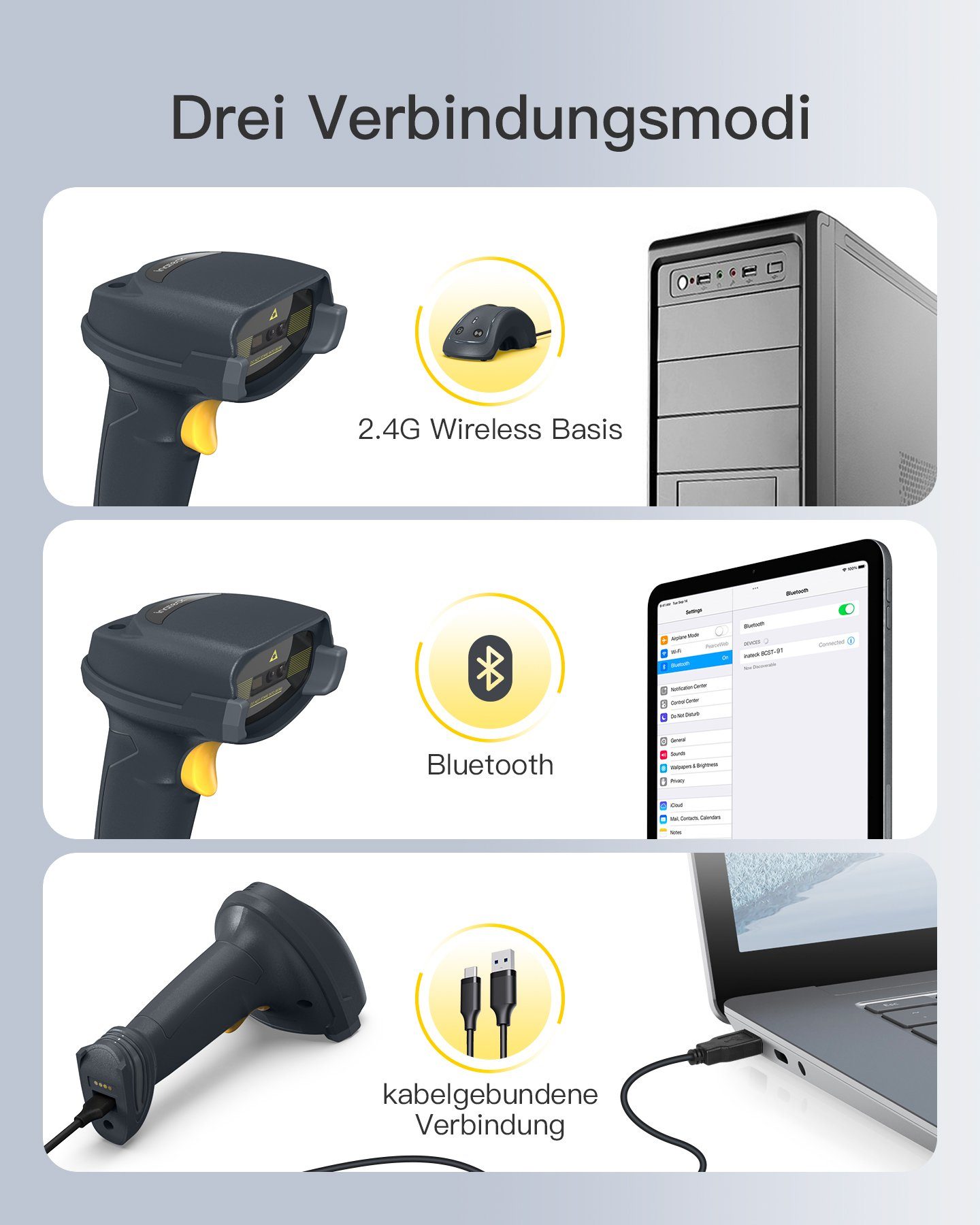 Inateck Inateck Barcode Scanner Bluetooth 2D Lesegerät mit Ladestation Handscanner, (Mega-Pixel-Auflösung)