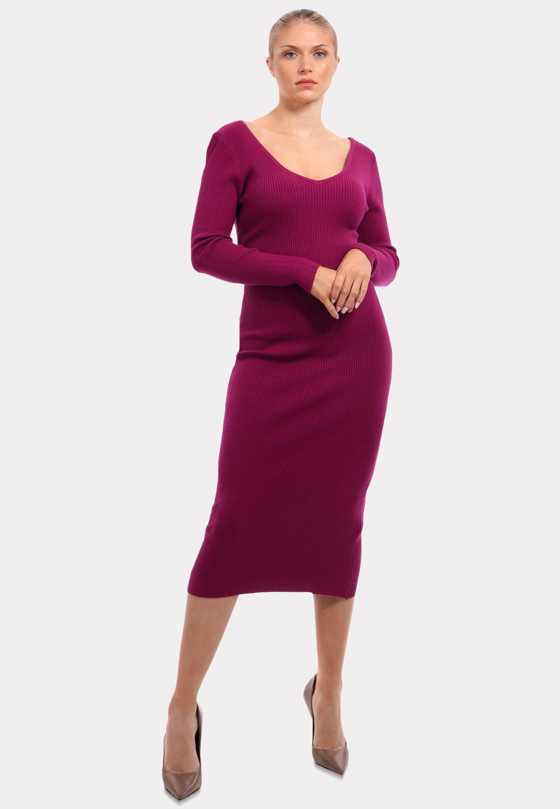 YC Fashion & Style Strickkleid Strickkleid mit V-Ausschnitt KNIT DRESS (Kein Set, 1 -tlg) Langarm, in Unifarbe, mit V-Ausschnitt
