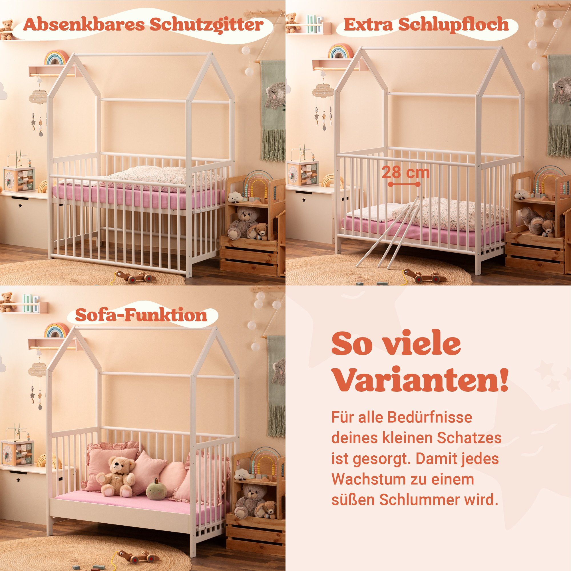 Alcube Komplettbett MILO Mitwachsendes Hausbett 3 in 1, Made in Germany I DIN EN 1130, Babybett 60x120 aus Buchenholz, Beistellbett Baby umbaubar zum Sofa