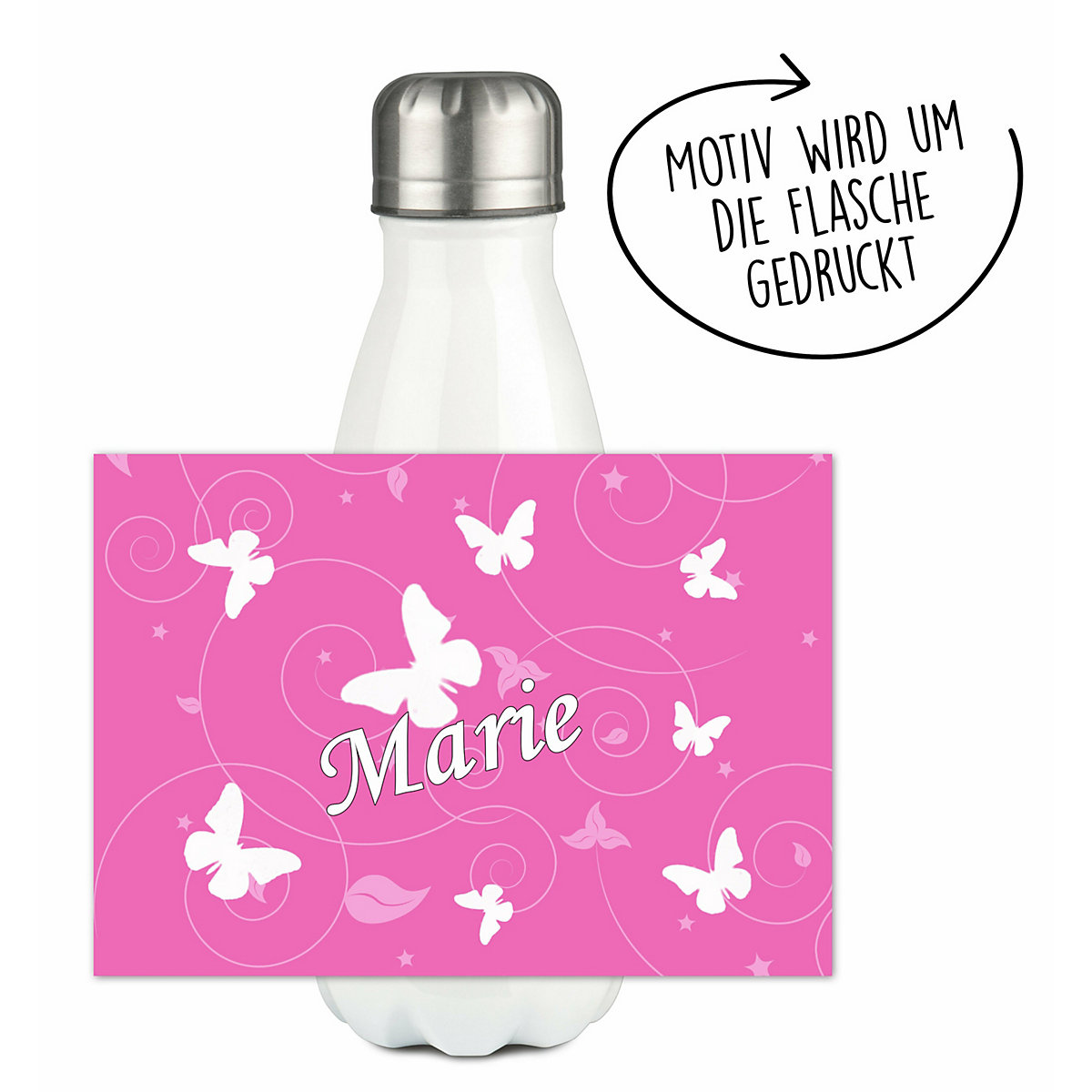 Edelstahl Kinder Thermoflasche / Trinkflasche bunt Schmetterling Ornamente Farbe rosa Spülmaschinenfest, Auslaufsicher, Bruchfest, Doppelwandig, Für Heißgetränke geeignet, Mit Deckel, Isoliert