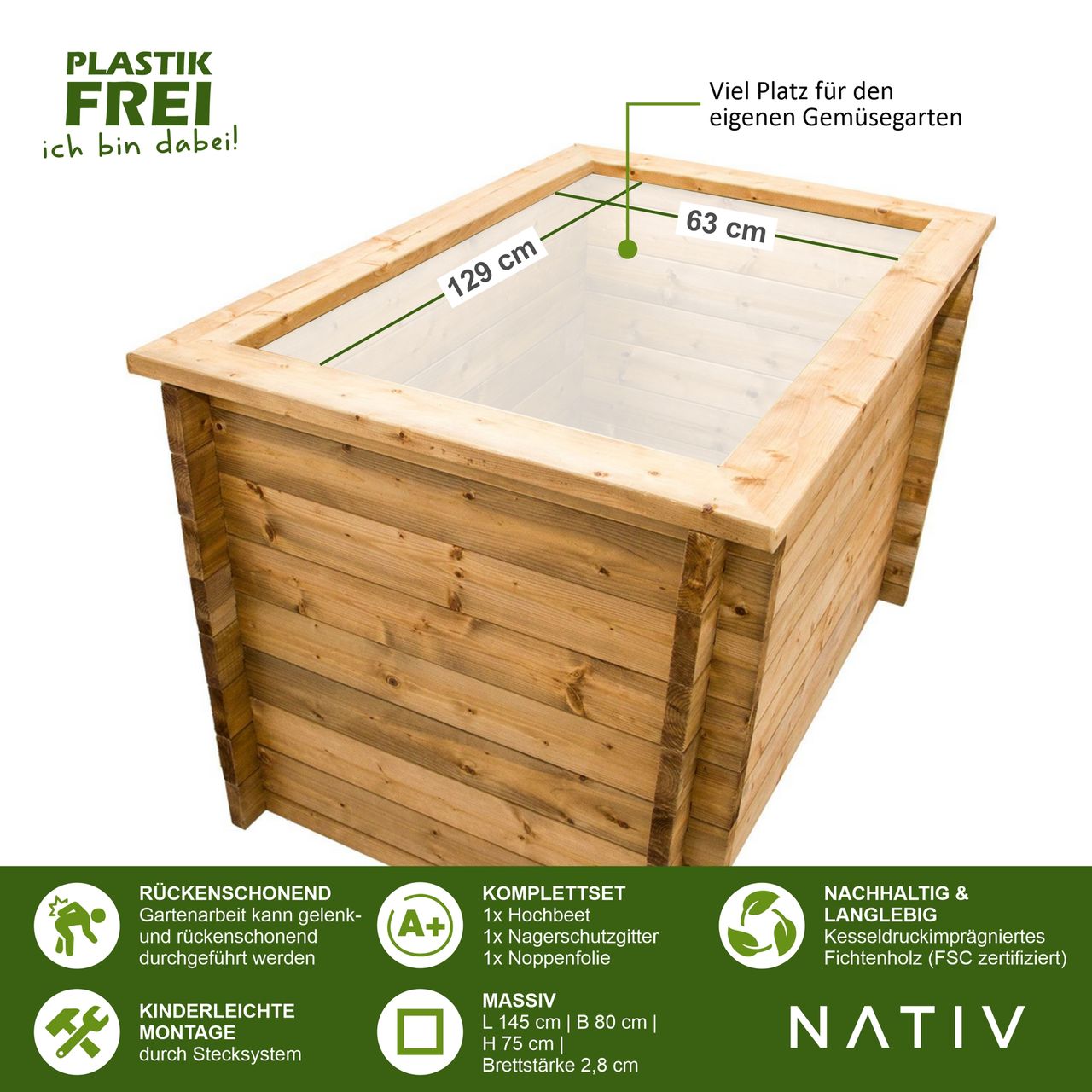Lemodo Hochbeet aus Holz, mit Noppenfolie