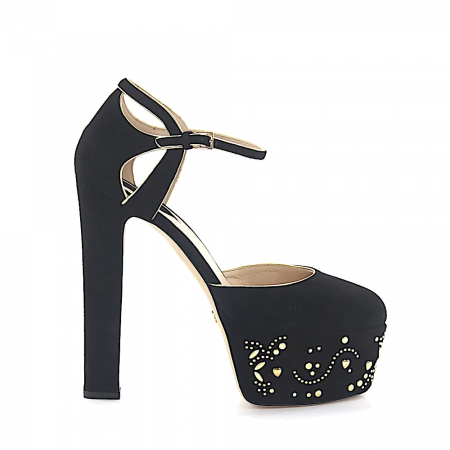 Elie Saab - Plateaupumps Kristallverzierung Nieten Schmuckstein schwarz gold - schwarz