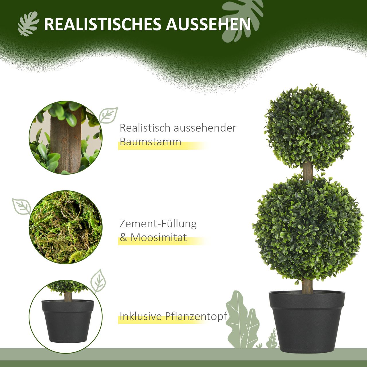 HOMCOM Künstliche Pflanzen 2er-Set Buchsbaum 60 cm Kunstpflanze mit Doppel-Kugel