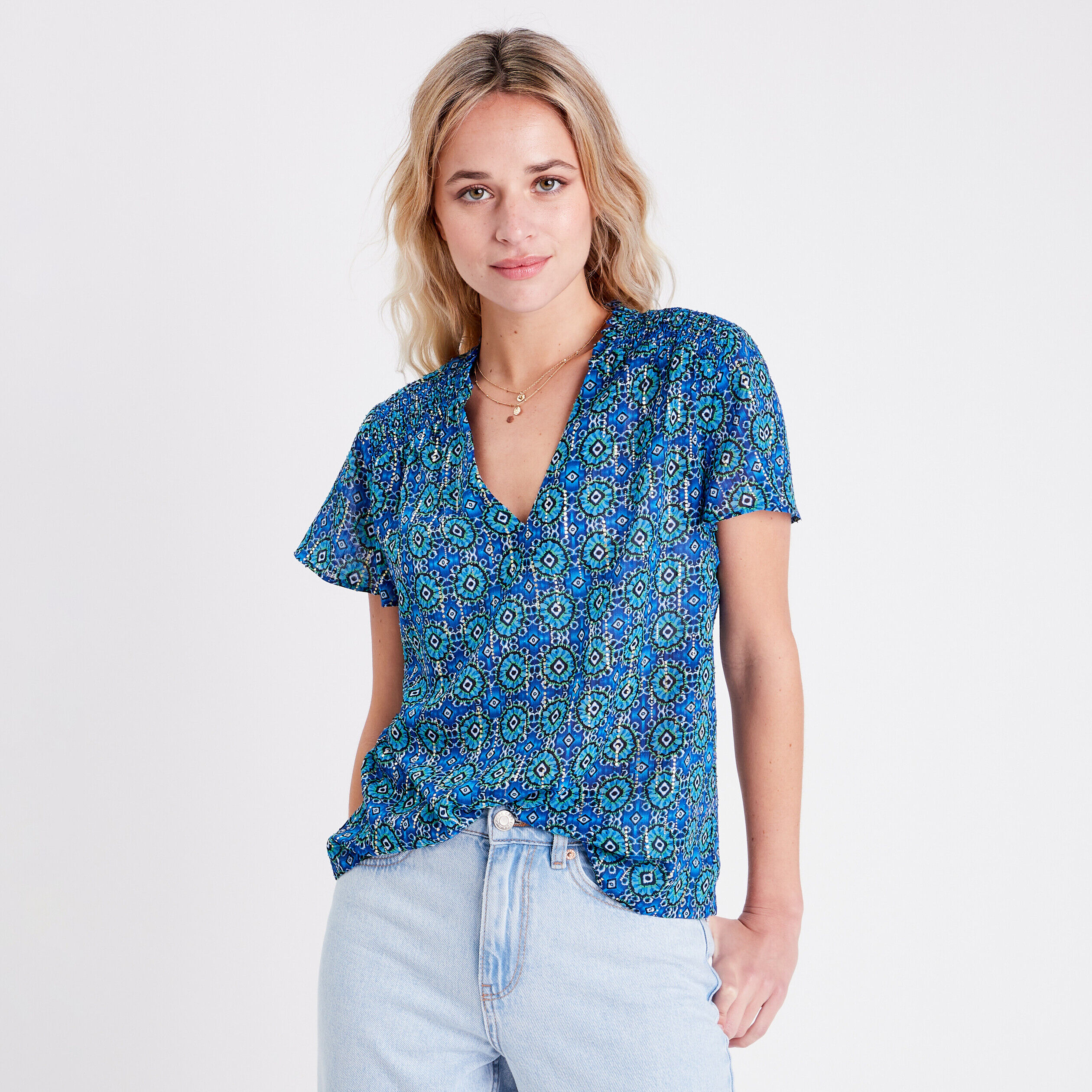 Blouse avec manches courtes bleu femme | Cache Cache
