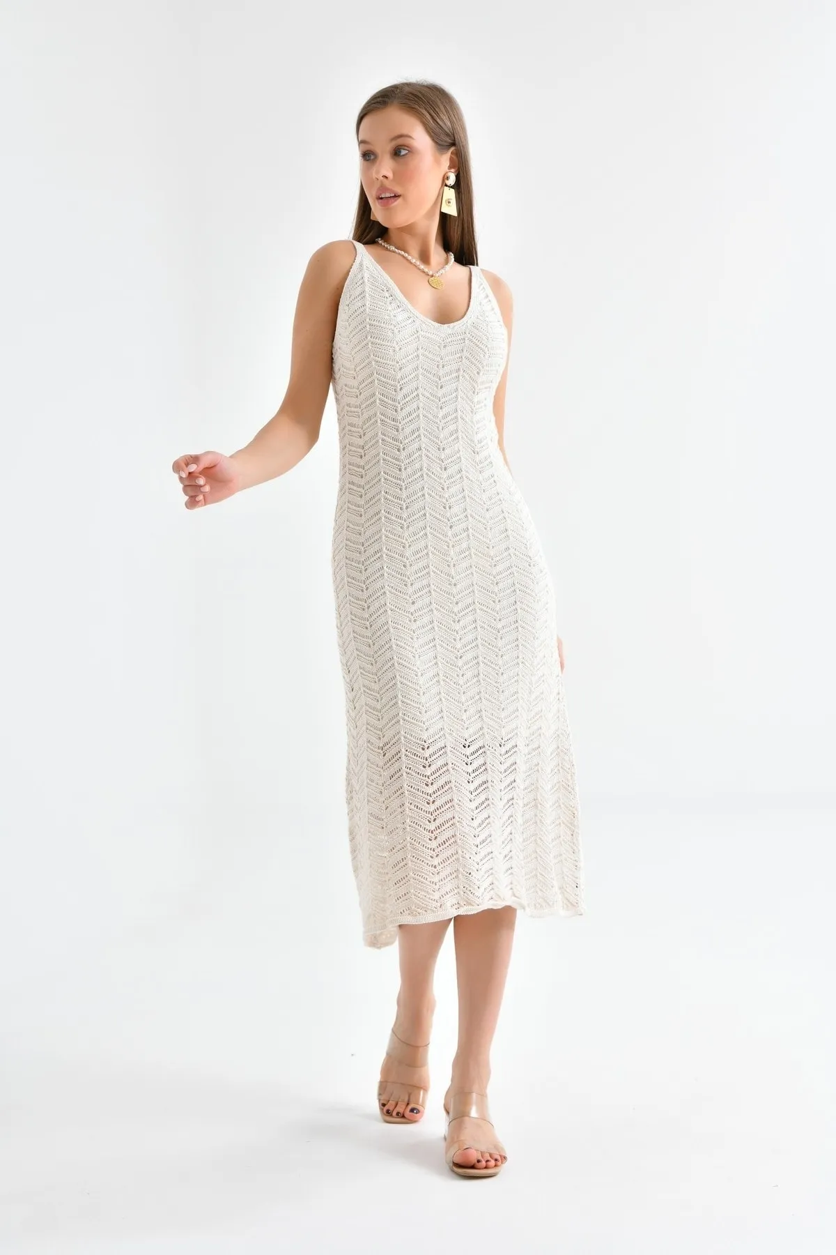 VOLT CLOTHİNG  Damen Sommerkleid mit Riemchenmuster und durchbrochener Strickfütterung