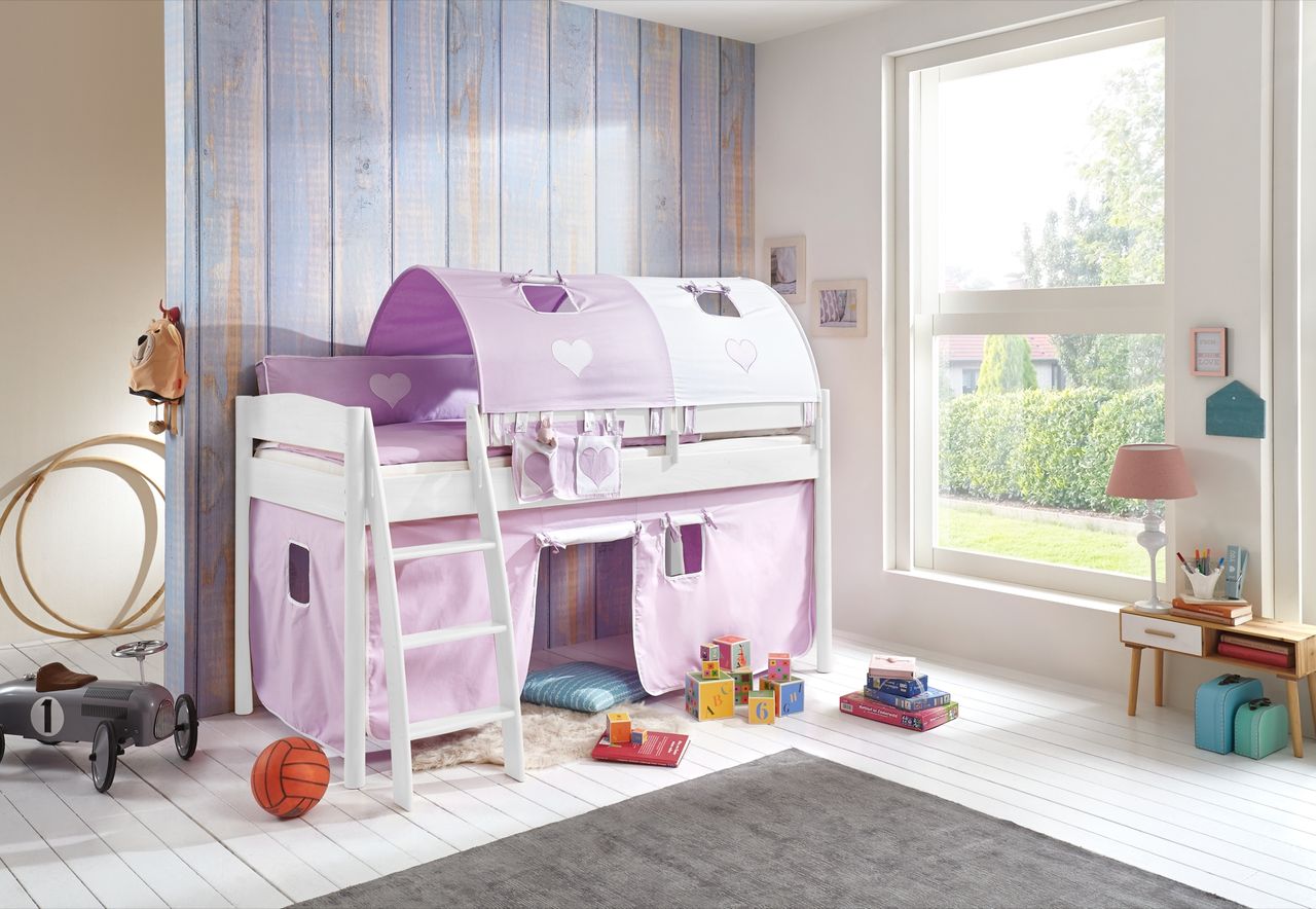 Relita Halbhohes Bett MICHELLE 90x200 cm Buche massiv weiß lackiert, mit Textilset Vorhang, 2-Tunnel, Tasche purple/weiß/herz