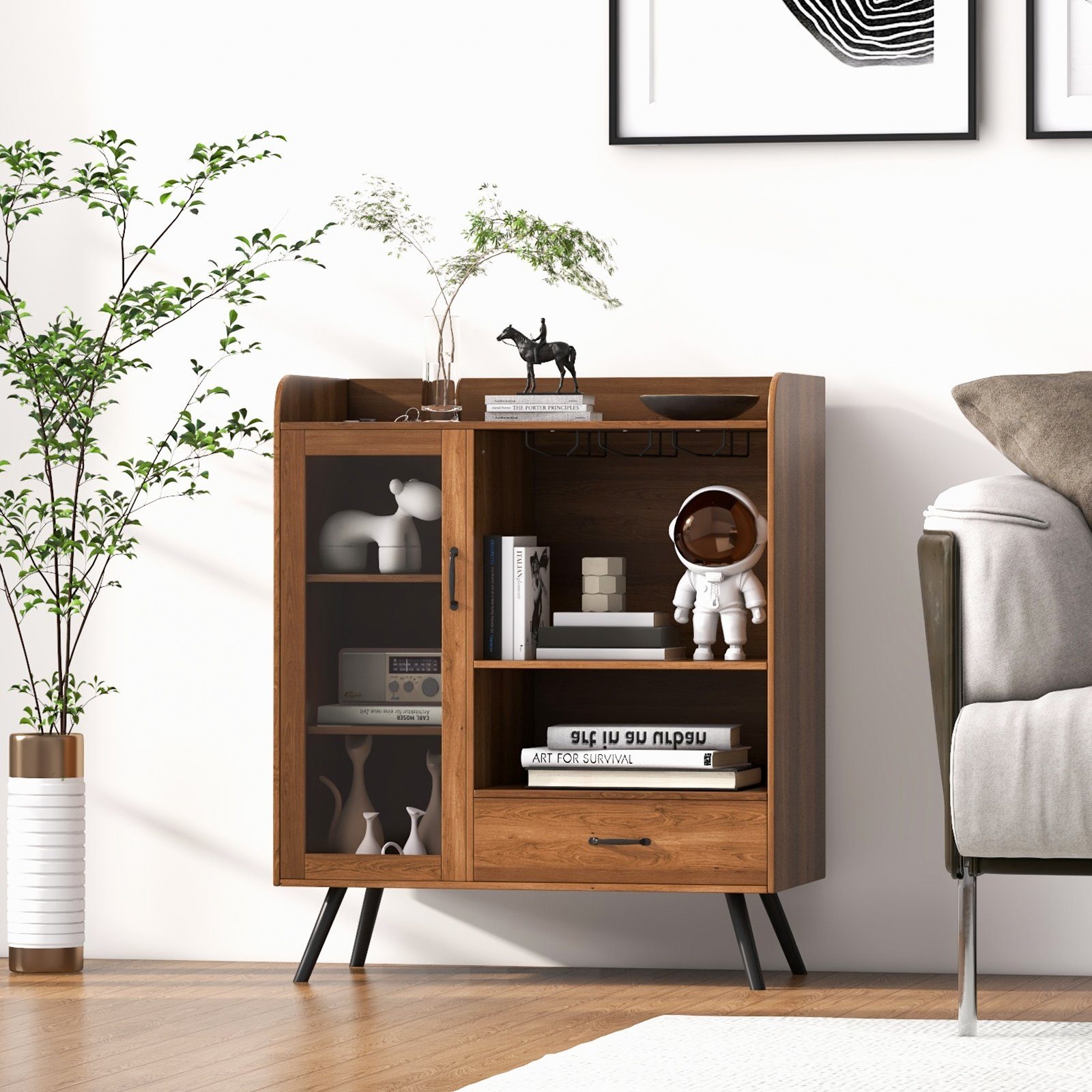 COSTWAY Weinschrank mit Weinregal, Glashaltern, Schublade & Tür, 80x40x95cm