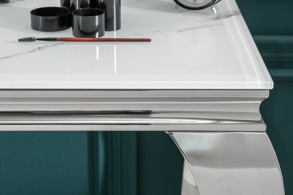 riess-ambiente Konsolentisch MODERN BAROCK 145cm grau / weiß, Glastisch · Marmor-Optik · Edelstahl-Beine
