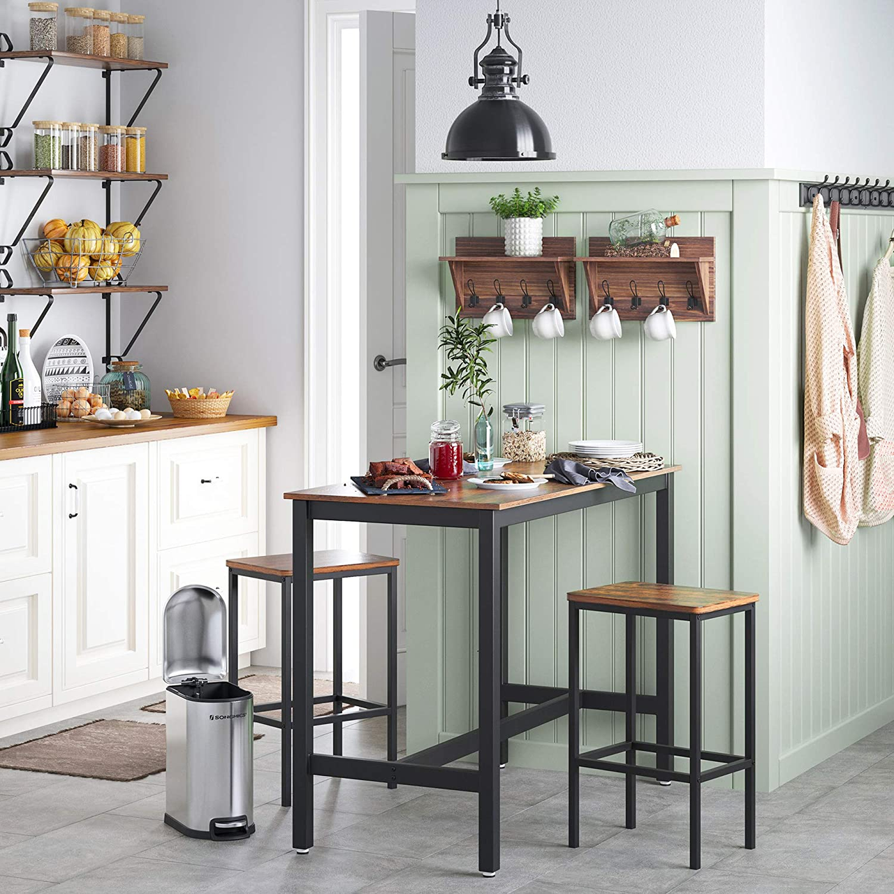 Vasagle Stehtisch-Set, 120x60x90cm/40x30x65cm, Rustikales Braun