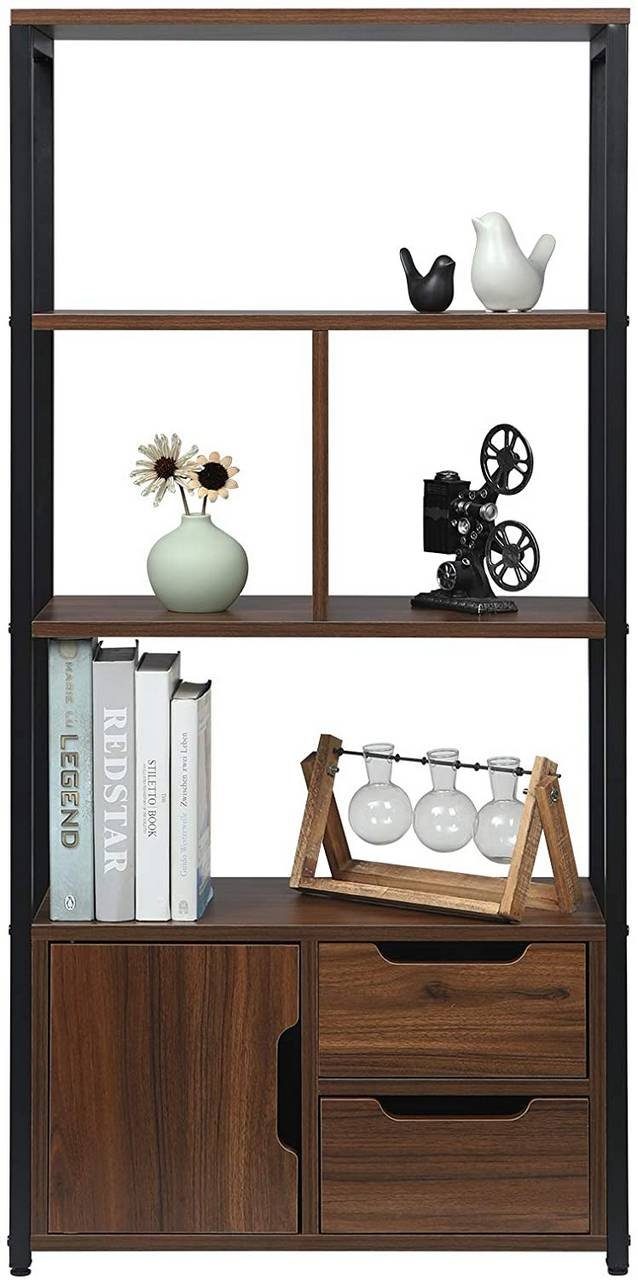 Woltu Bücherregal, 1-tlg., Standregal mit Schrank und Schubladen MDF Metall