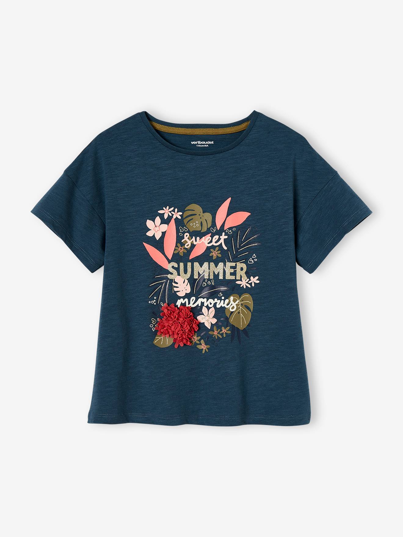 T-shirt fille animation relief et détails irisés fille rayé marine