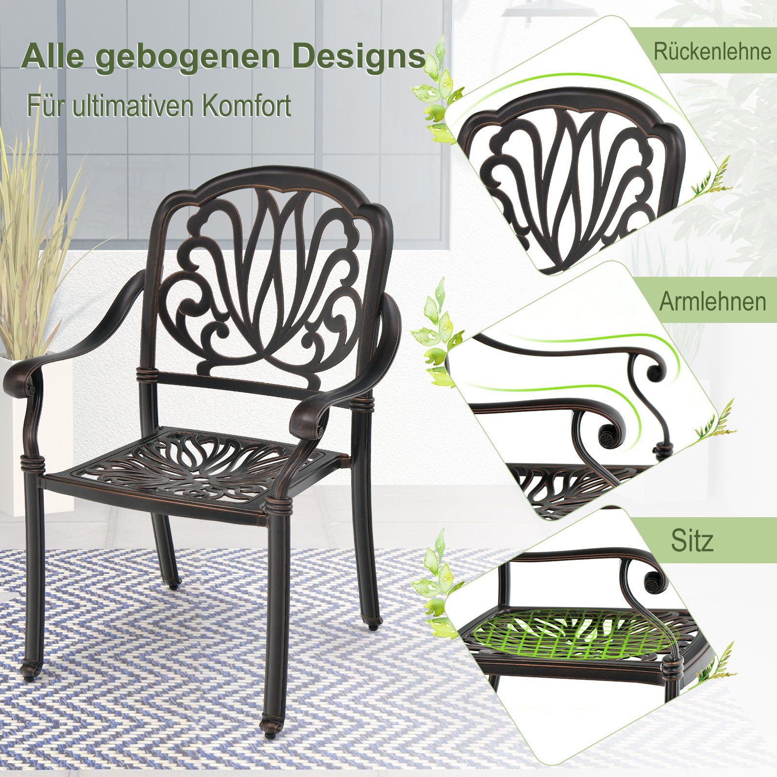 COSTWAY Gartenstuhl 2er Set Stapelstühle, mit Armlehnen