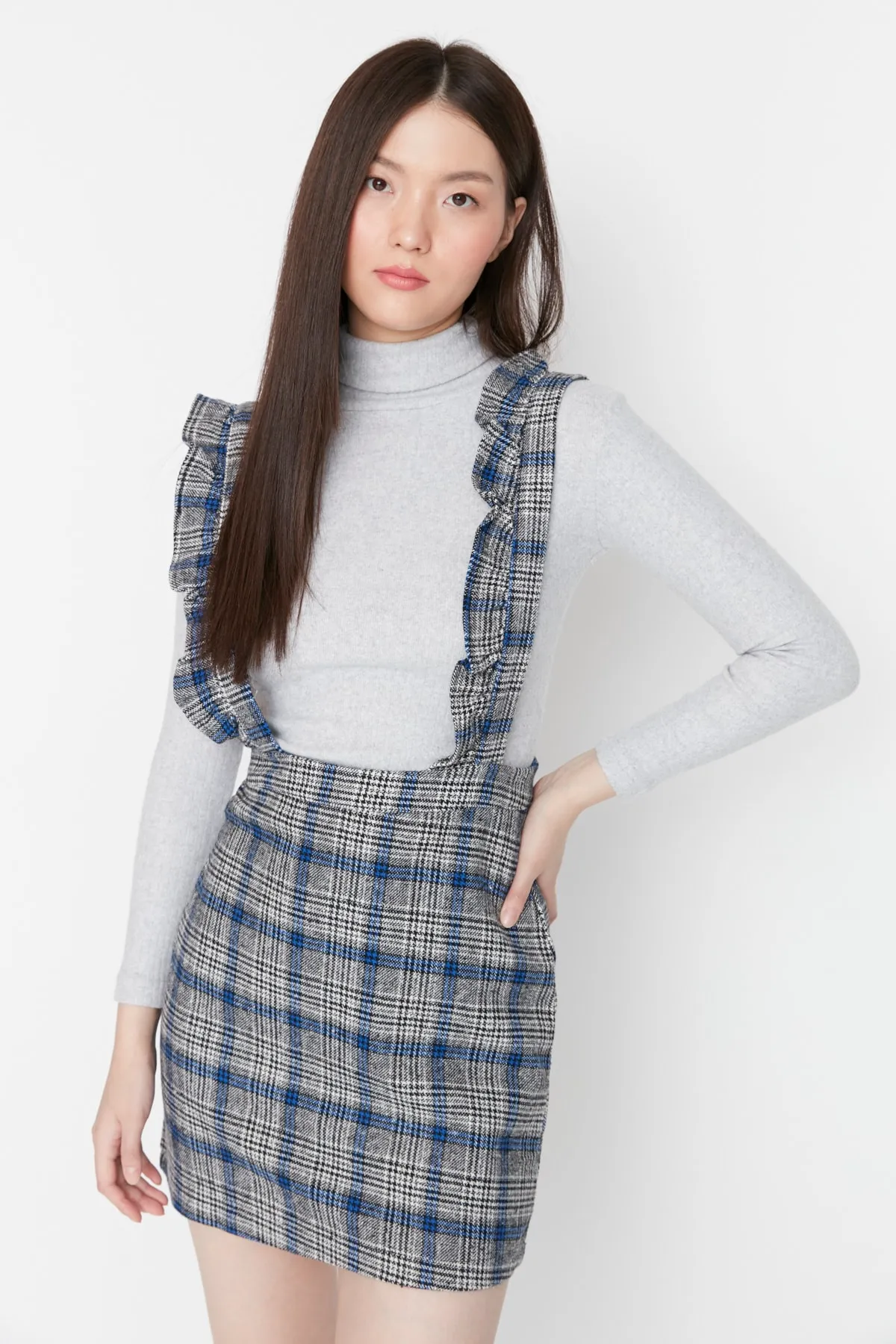 Trendyol Collection  Graues, kariertes Mini-Weste-Webkleid TWOAW20EL0292