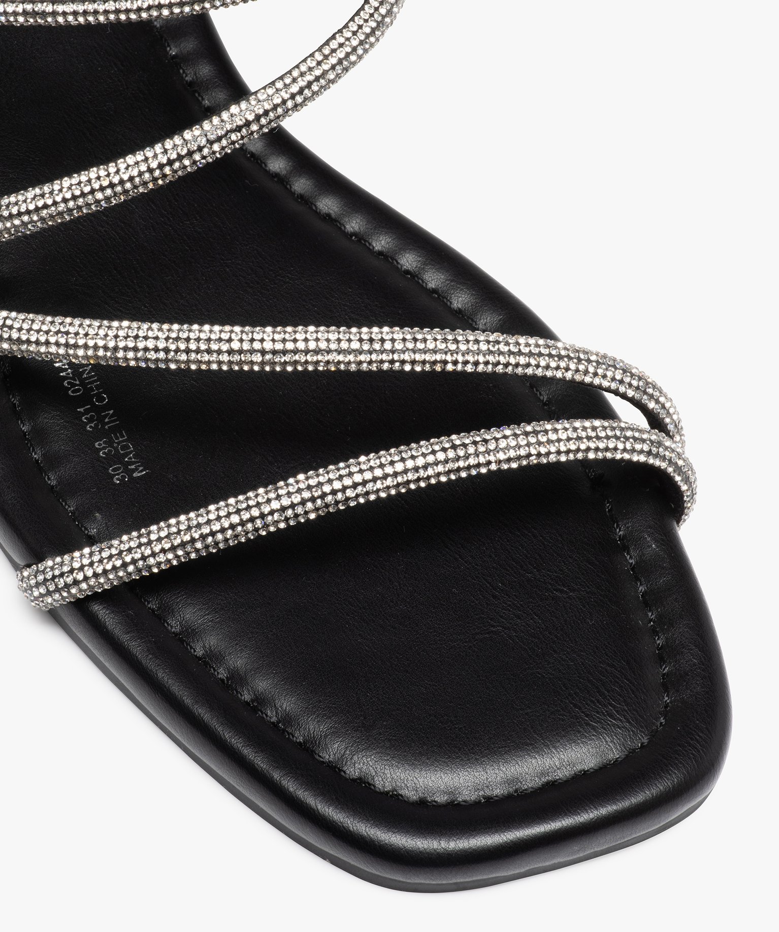 Sandales femme plates dessus fines brides strass noir | GEMO