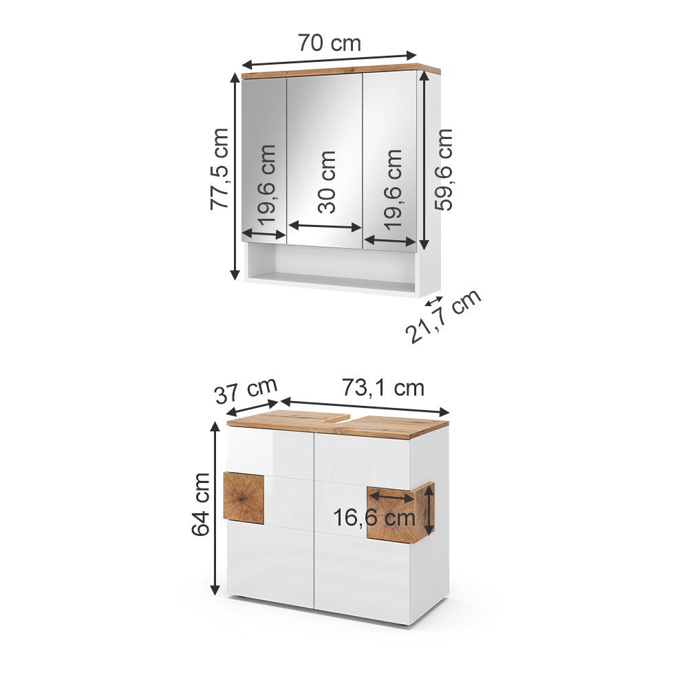 Vicco Badmöbel-Set Badezimmermöbelset EDEN Weiß Hochglanz/Artisan 2-er Set, (2-St., 2-er Set)