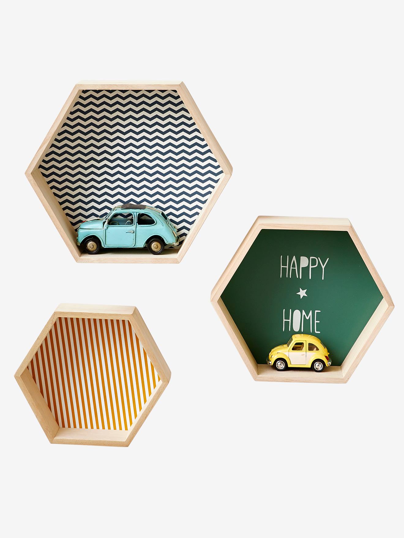 Lot de 3 étagères hexagones enfant bleu fonce imprime