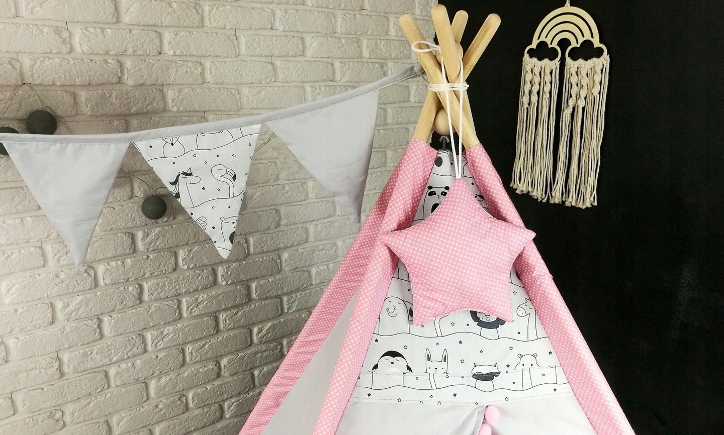 Pamek Tipi-Zelt Tipi Tiere Kissen Spielzelt Komplett SET mit Tieren, Personen: 1 (7 tlg)
