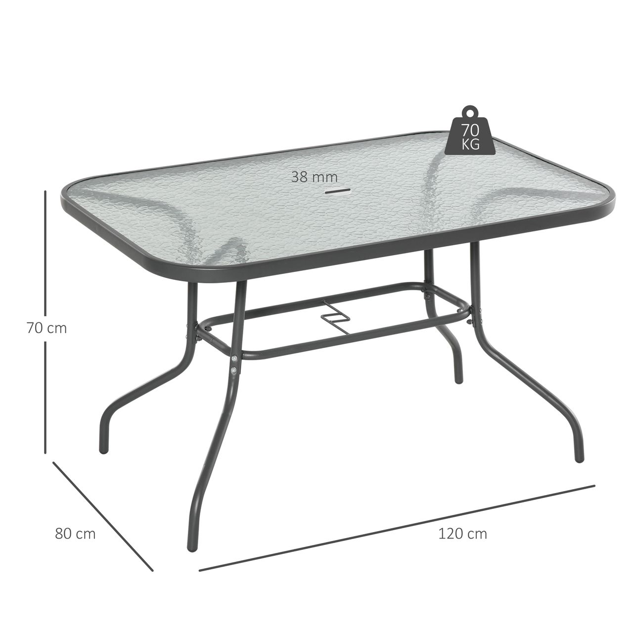 Outsunny Gartentisch Bistrotisch Balkontisch Garten Beistelltisch Bistrotisch Gartenmöbel mit Glasplatte Schirmloch Hartglas   Metall Carbongrau 120 x 80 x 70 cm
