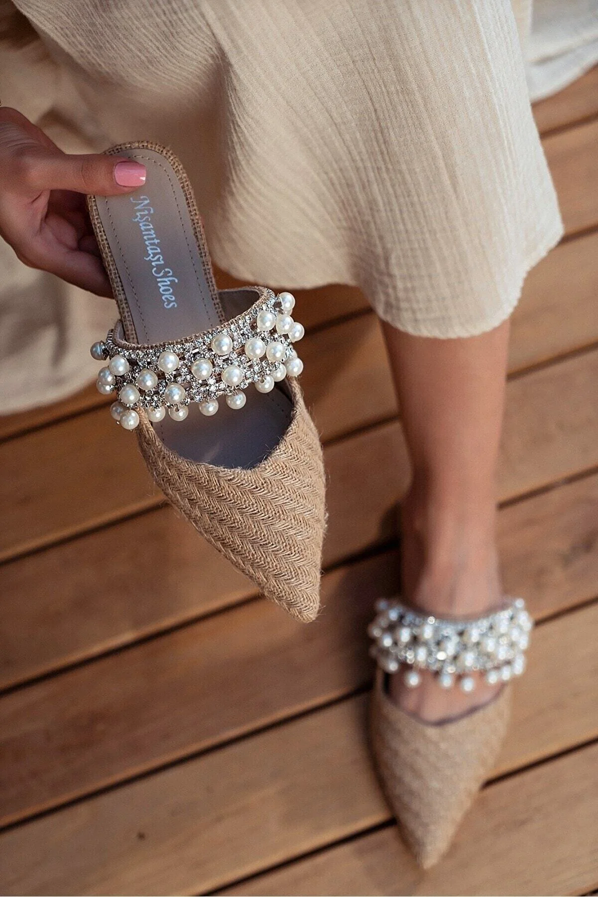 NİŞANTAŞI SHOES  Fomax Straw Pearl Damen-Hausschuhe