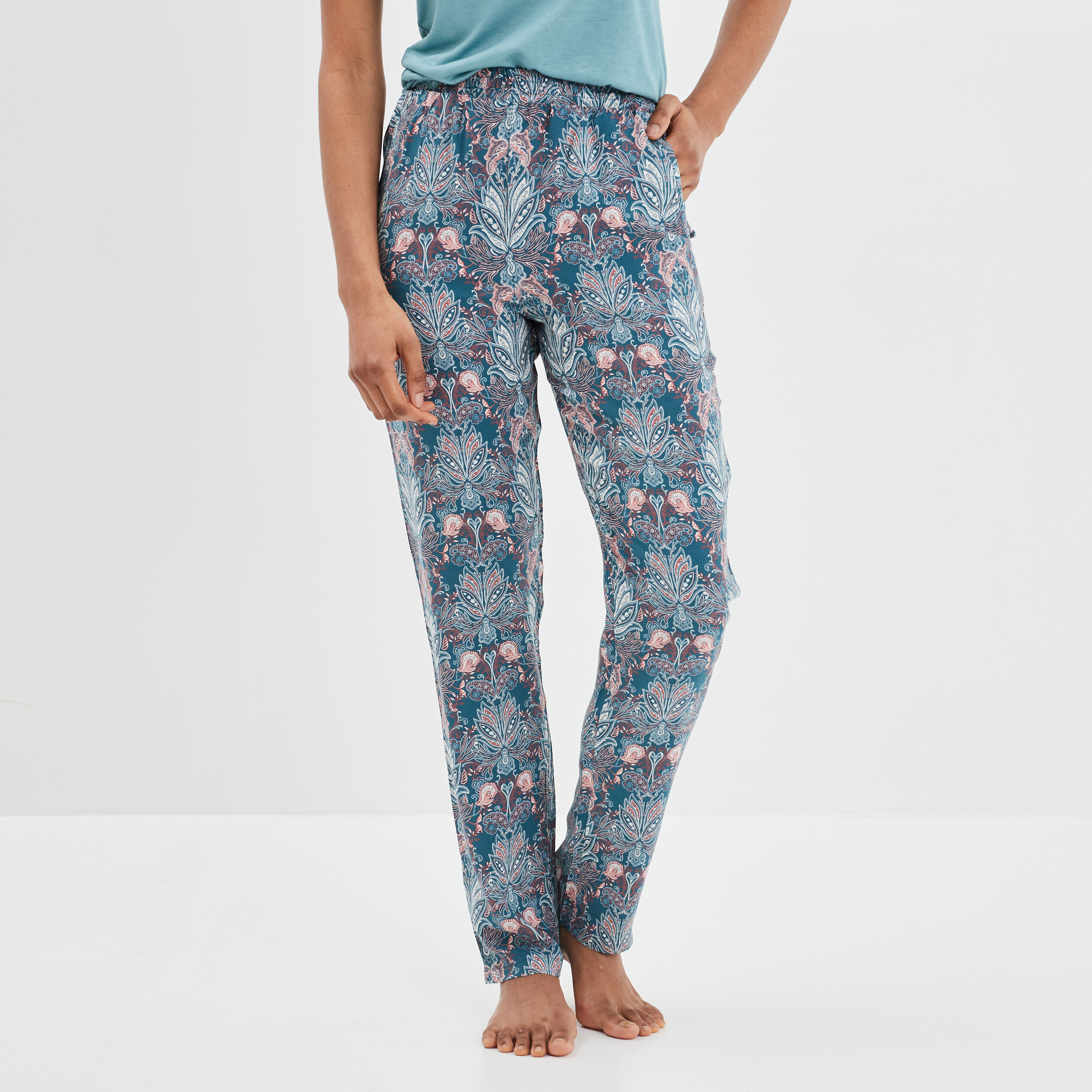 Pantalon de pyjama fluide taille haute bleu femme | La Halle