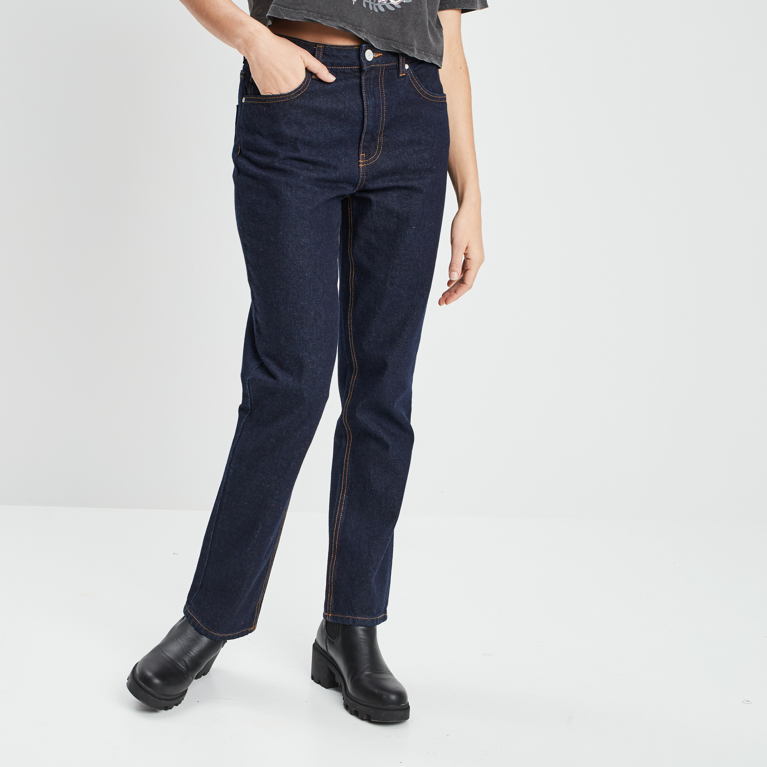 Jeans straight taille haute denim stone femme | La Halle