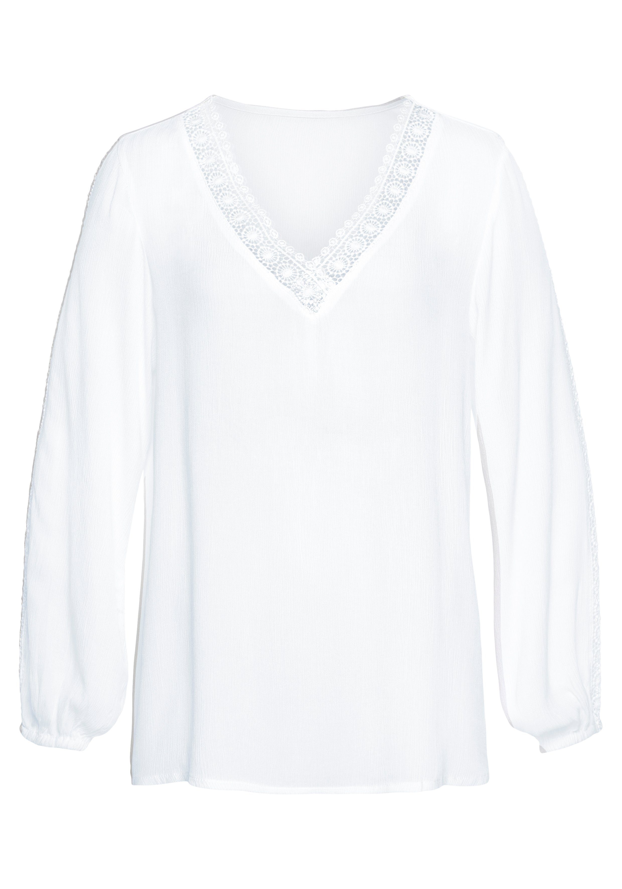 Vivance Crinklebluse mit Spitzeneinsätzen, sommerliche Damenbluse, Langarmbluse