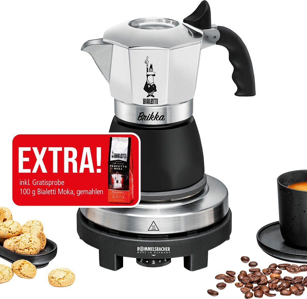 Rommelsbacher Einzelkochplatte Geschenk-Set: Original Bialetti Moka Kanne Brikka + Reisekochplattea